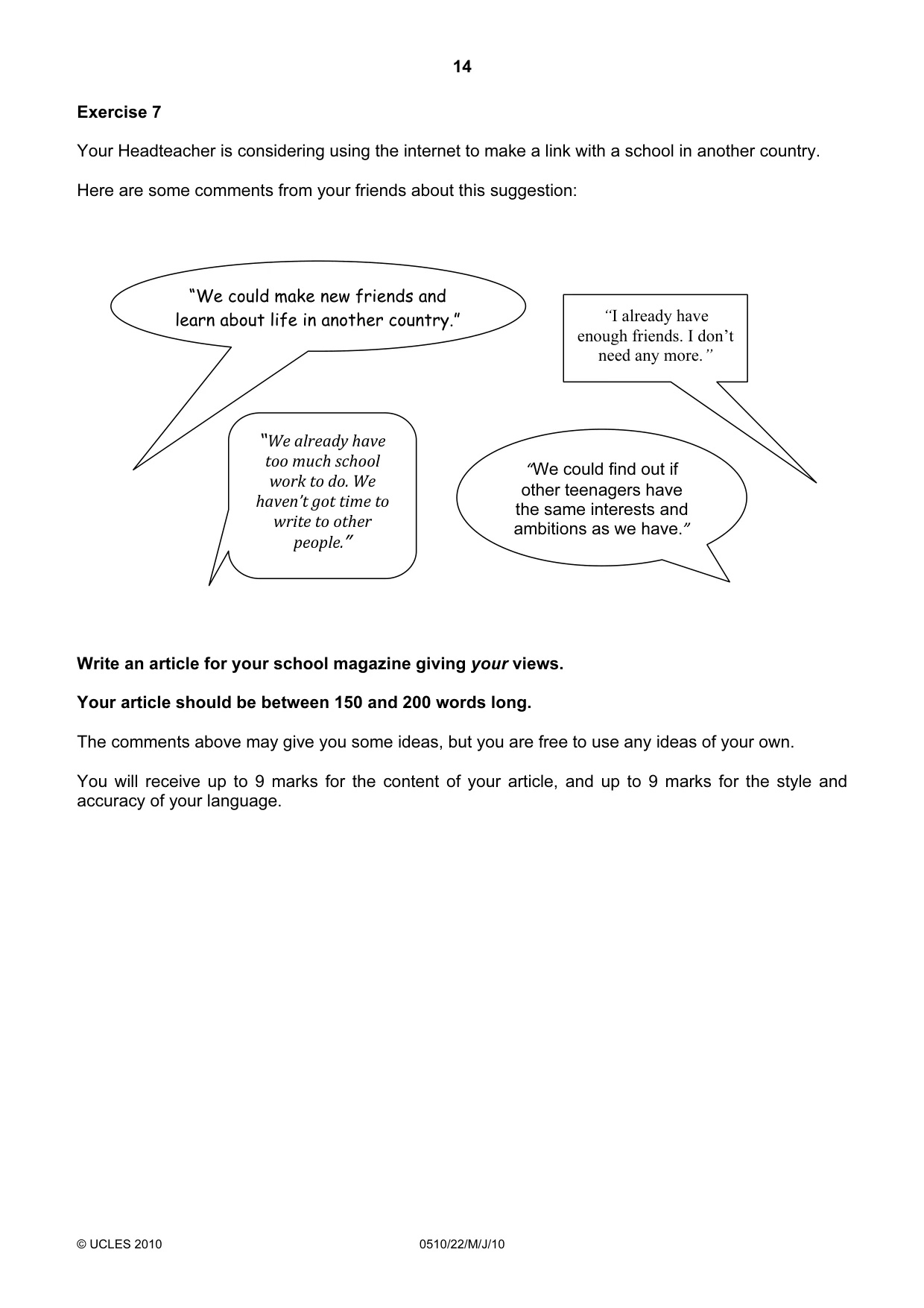 Cambridge IGCSE English - Second Language (oral endorsement) 0510 2010 May/June Paper 2 · Variant 2 question paper, page 14 of 16