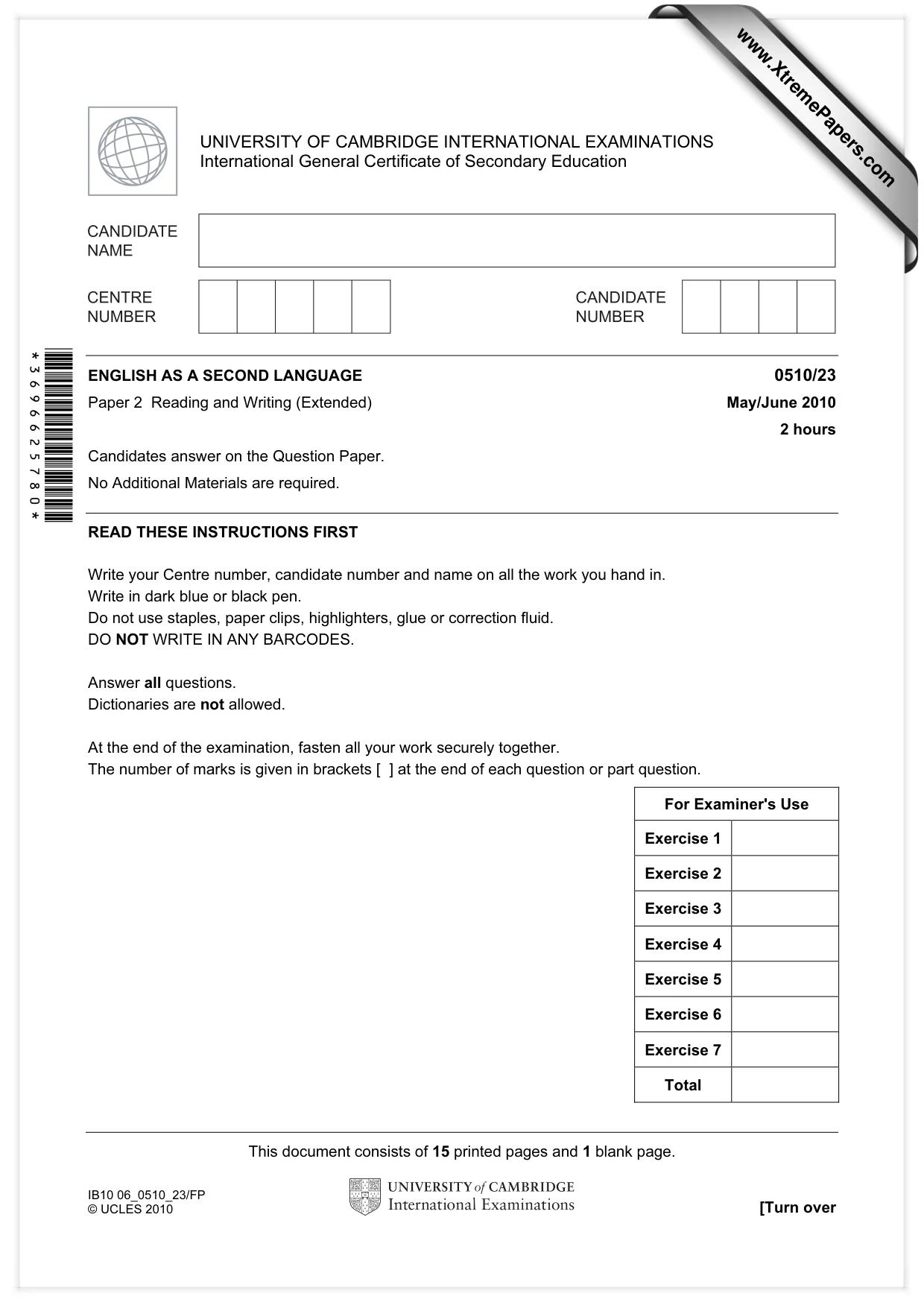 Cambridge IGCSE English - Second Language (oral endorsement) 0510 2010 May/June Paper 2 · Variant 3 question paper, page 1 of 16