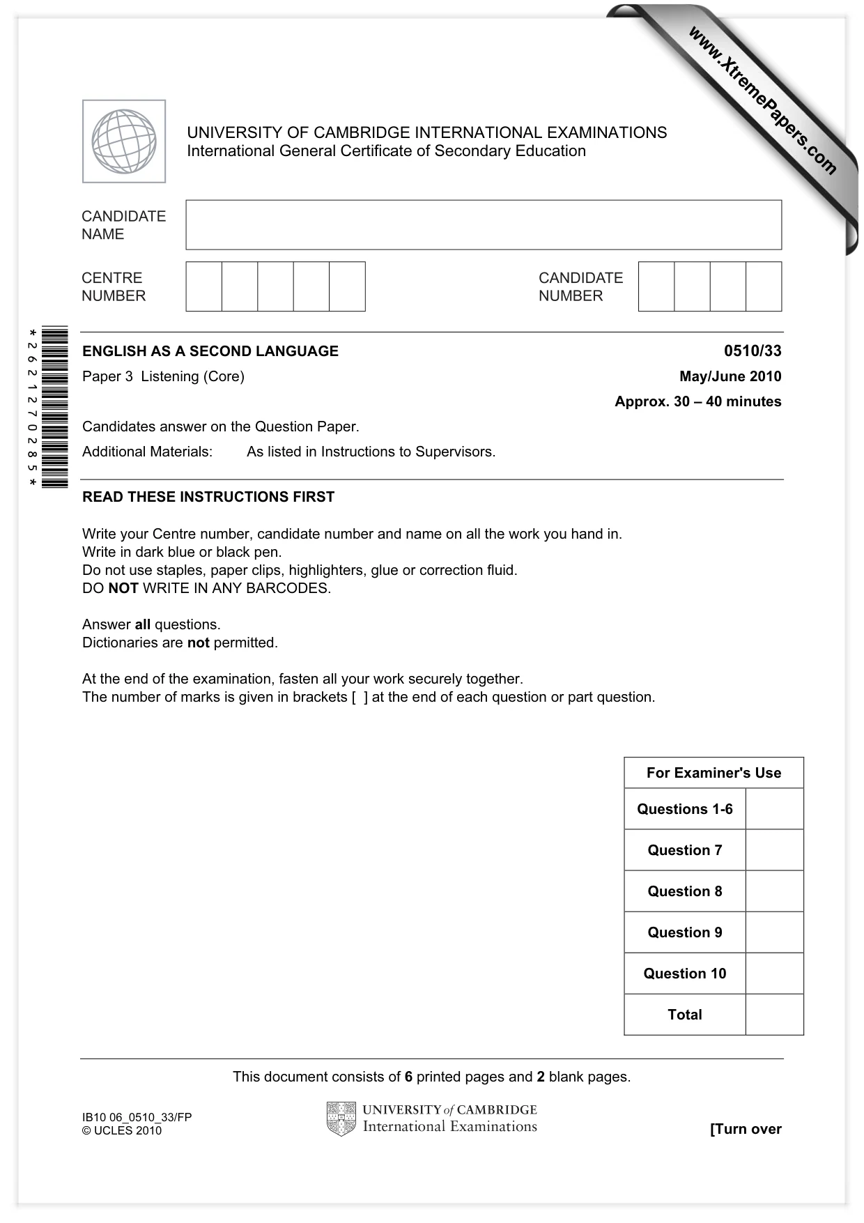 Cambridge IGCSE English - Second Language (oral endorsement) 0510 2010 May/June Paper 3 · Variant 3 question paper, page 1 of 8