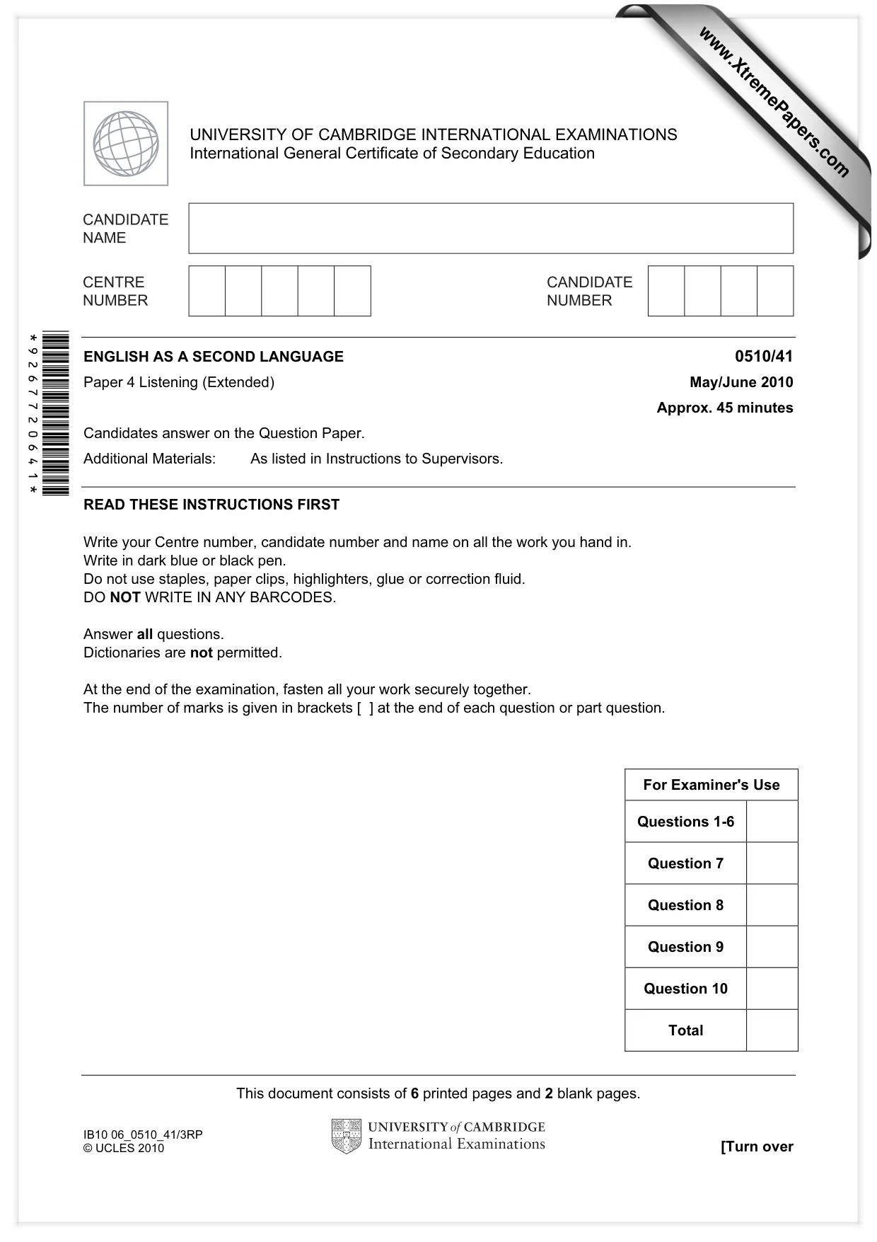 Cambridge IGCSE English - Second Language (oral endorsement) 0510 2010 May/June Paper 4 · Variant 1 question paper, page 1 of 8
