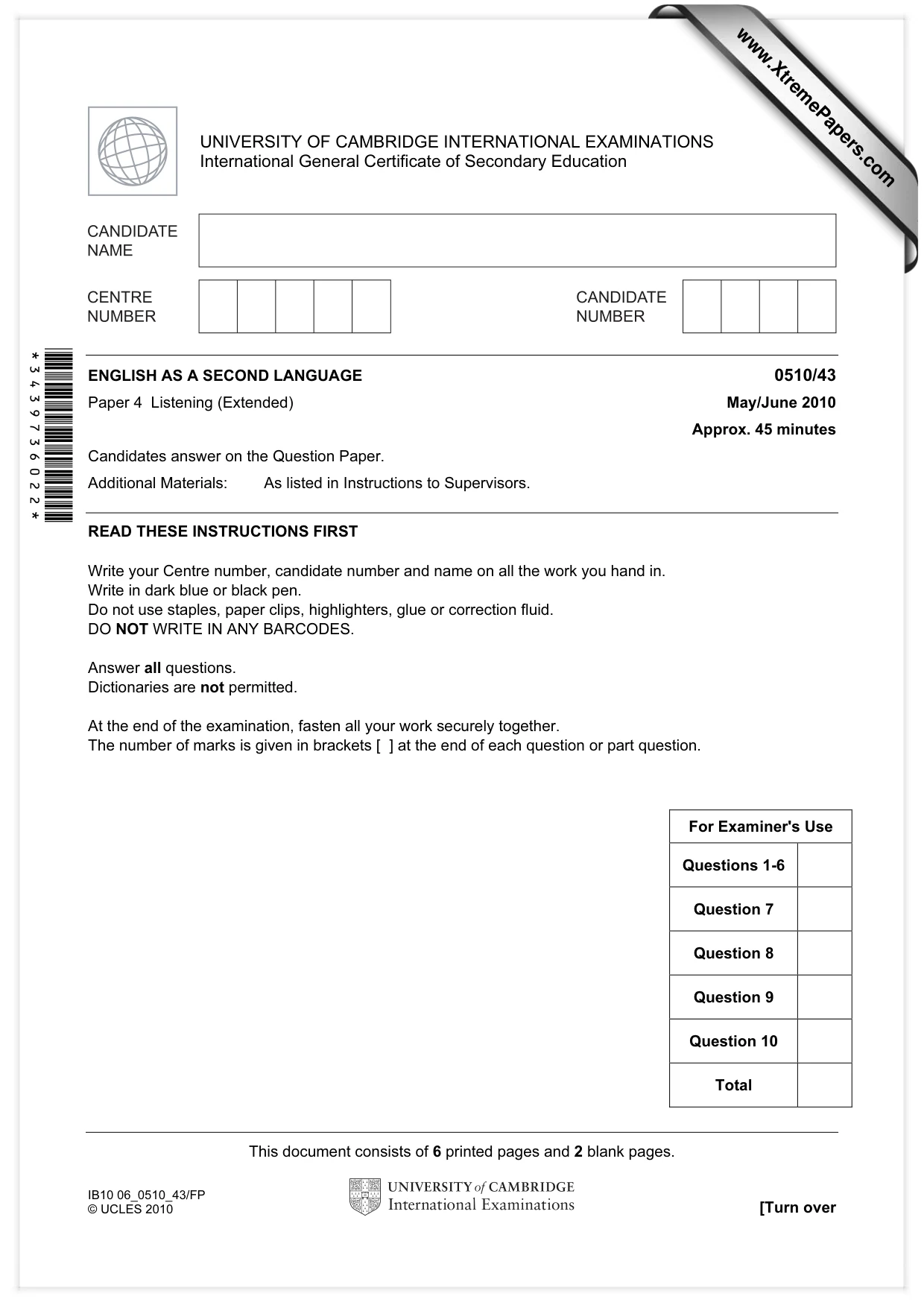 Cambridge IGCSE English - Second Language (oral endorsement) 0510 2010 May/June Paper 4 · Variant 3 question paper, page 1 of 8