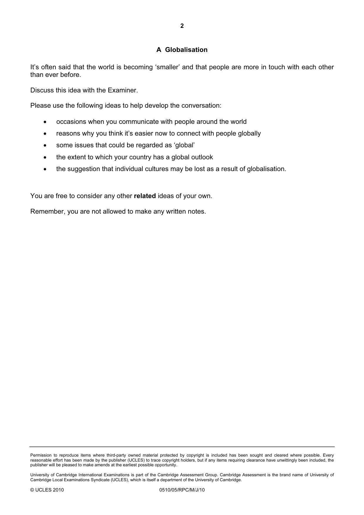 Cambridge IGCSE English - Second Language (oral endorsement) 0510 2010 May/June Paper 5 · Variant 1 question paper, page 2 of 10