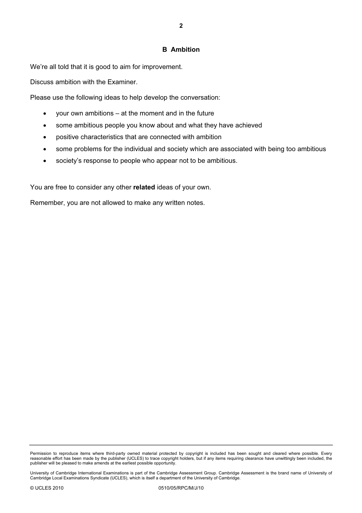 Cambridge IGCSE English - Second Language (oral endorsement) 0510 2010 May/June Paper 5 · Variant 1 question paper, page 4 of 10