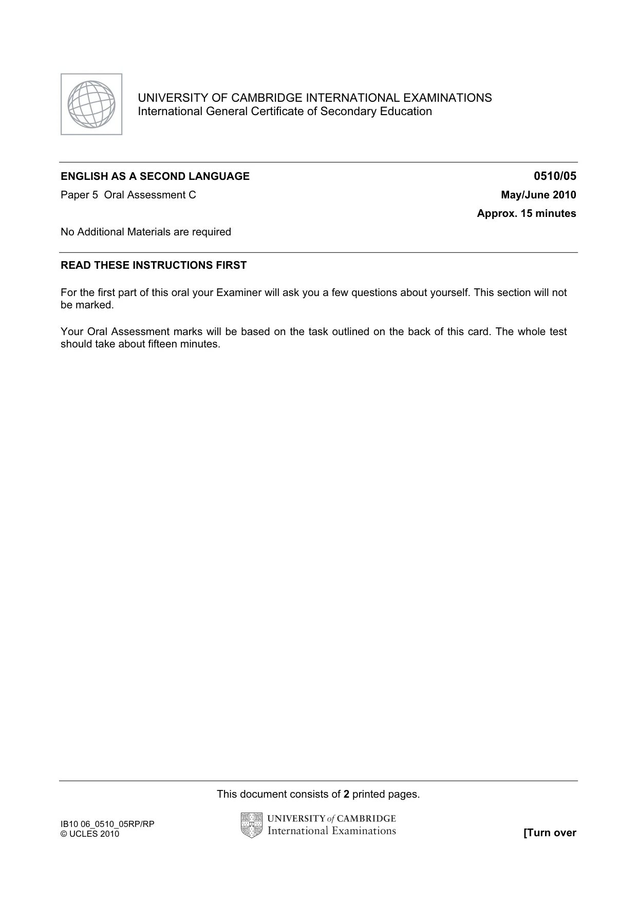 Cambridge IGCSE English - Second Language (oral endorsement) 0510 2010 May/June Paper 5 · Variant 1 question paper, page 5 of 10