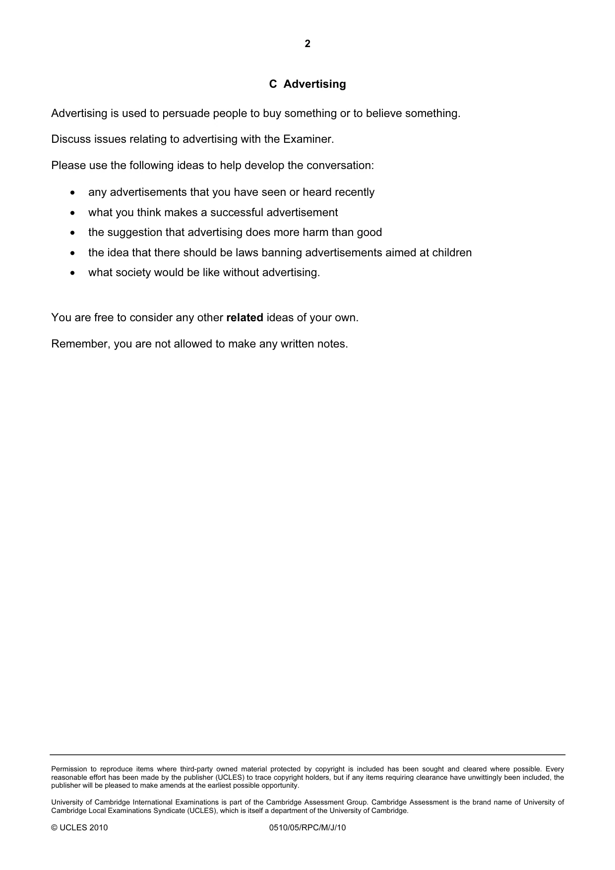 Cambridge IGCSE English - Second Language (oral endorsement) 0510 2010 May/June Paper 5 · Variant 1 question paper, page 6 of 10
