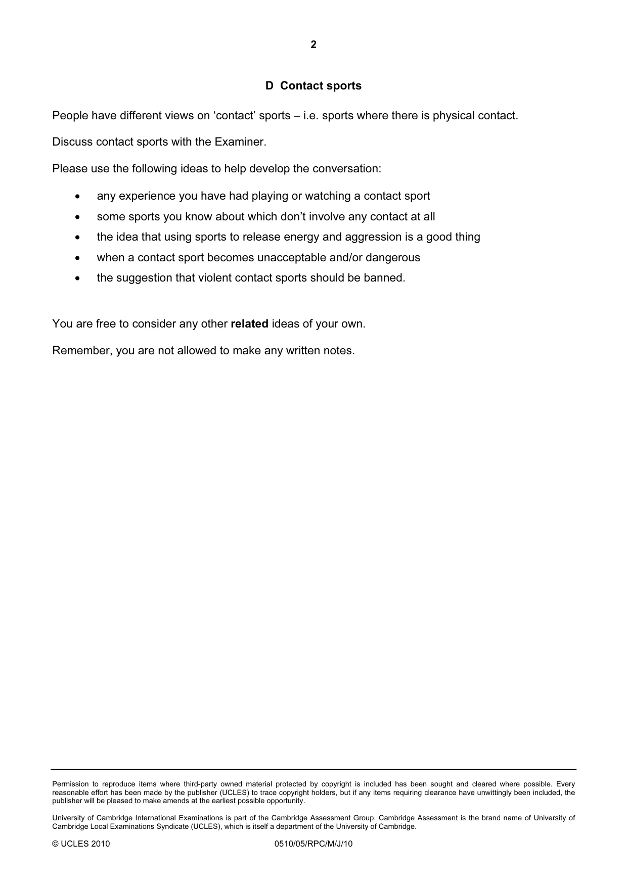 Cambridge IGCSE English - Second Language (oral endorsement) 0510 2010 May/June Paper 5 · Variant 1 question paper, page 8 of 10