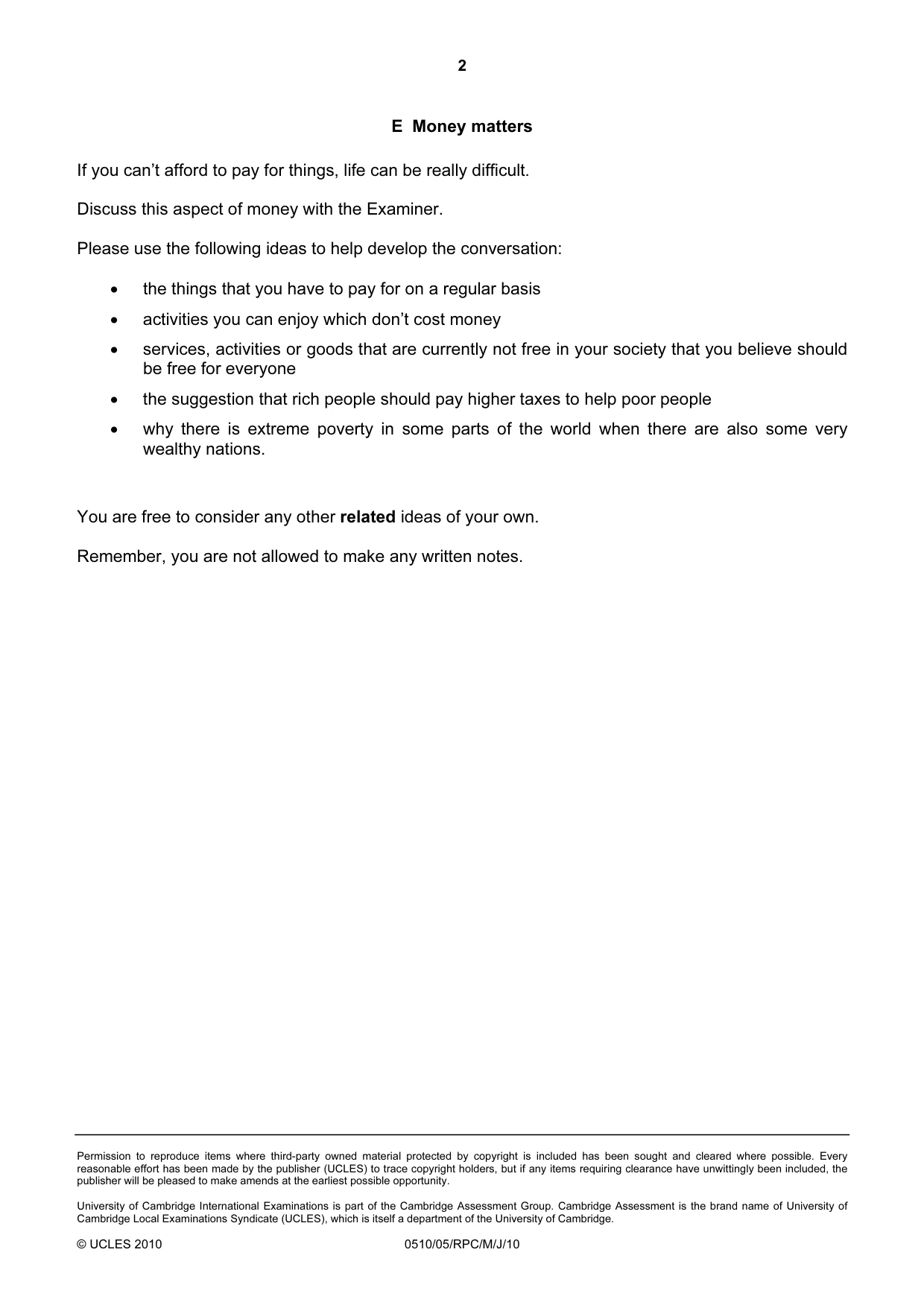 Cambridge IGCSE English - Second Language (oral endorsement) 0510 2010 May/June Paper 5 · Variant 1 question paper, page 10 of 10
