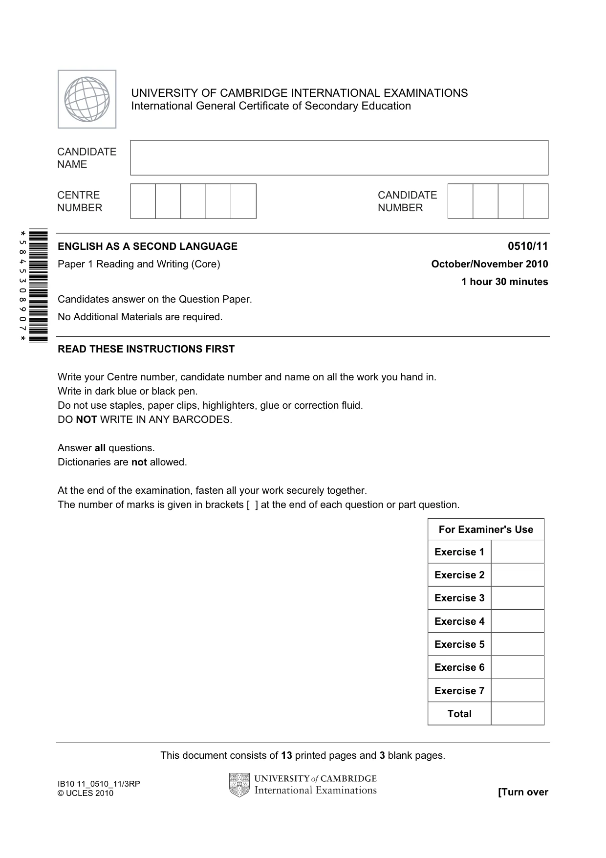 Cambridge IGCSE English - Second Language (oral endorsement) 0510 2010 Oct/Nov Paper 1 · Variant 1 question paper, page 1 of 16