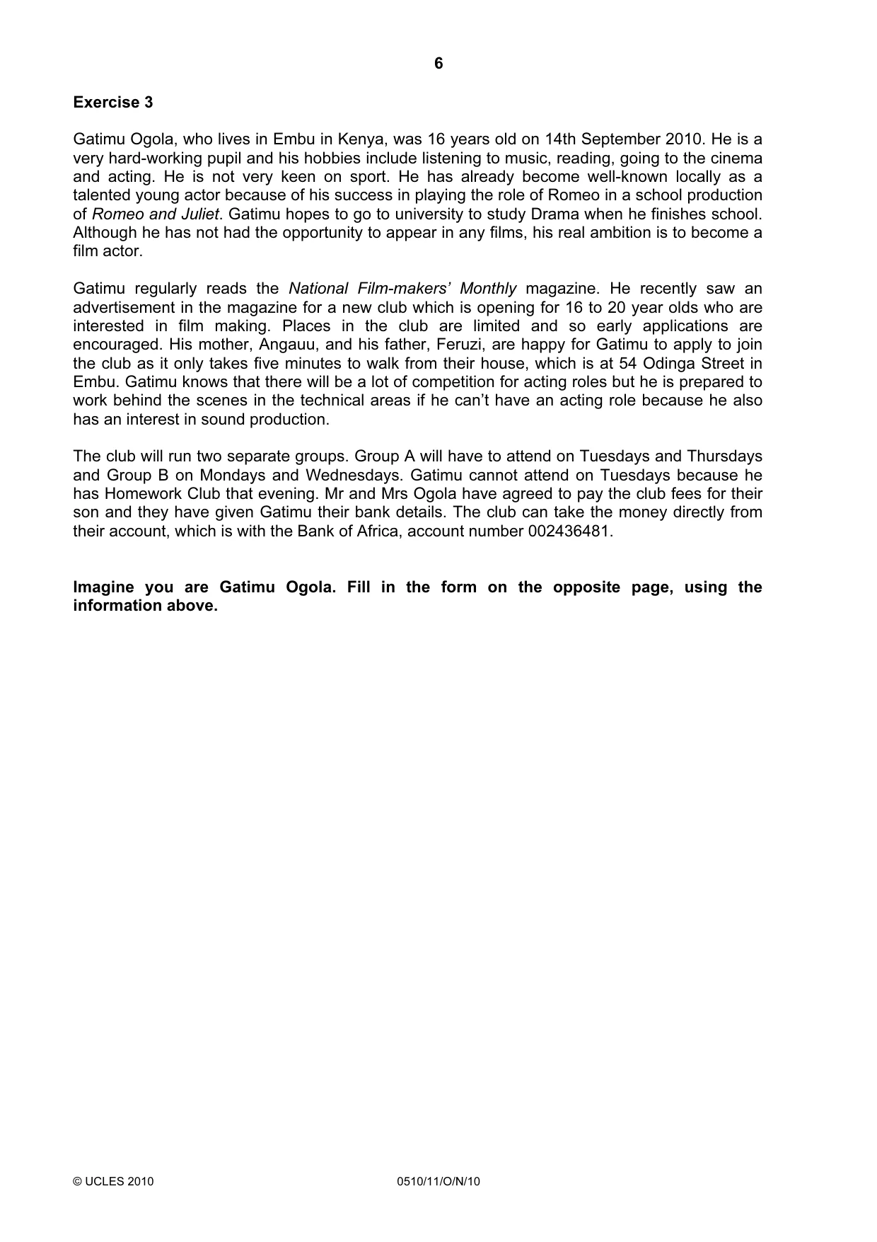 Cambridge IGCSE English - Second Language (oral endorsement) 0510 2010 Oct/Nov Paper 1 · Variant 1 question paper, page 6 of 16