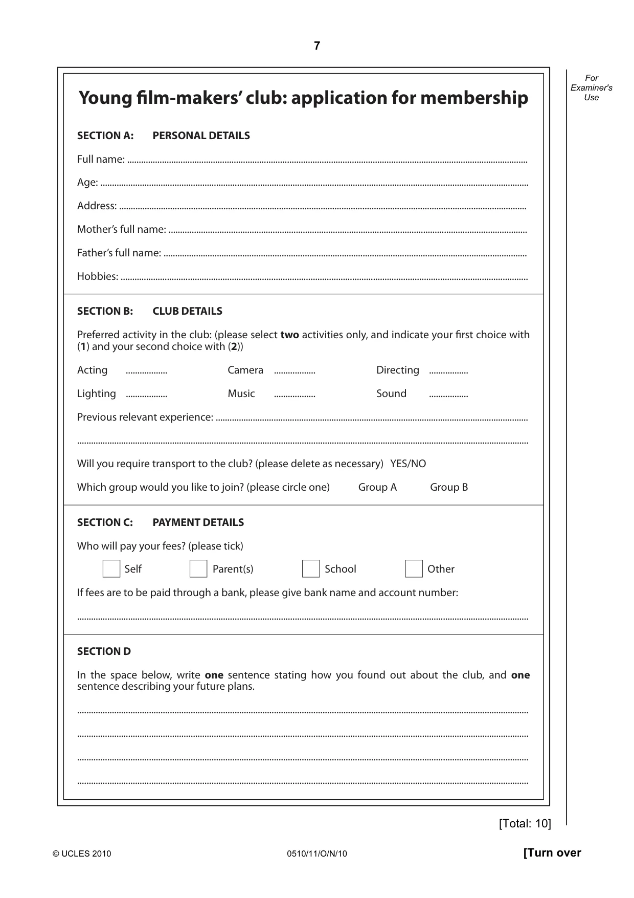 Cambridge IGCSE English - Second Language (oral endorsement) 0510 2010 Oct/Nov Paper 1 · Variant 1 question paper, page 7 of 16
