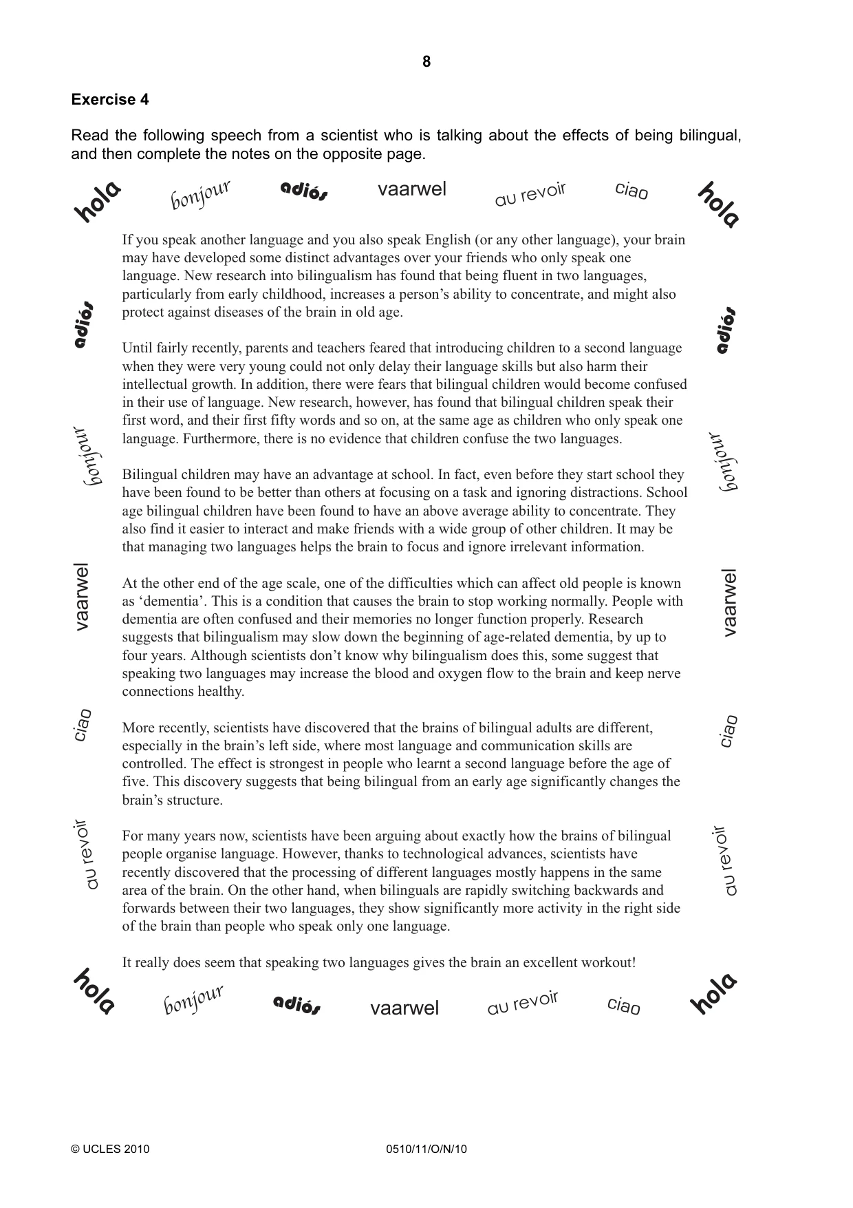 Cambridge IGCSE English - Second Language (oral endorsement) 0510 2010 Oct/Nov Paper 1 · Variant 1 question paper, page 8 of 16
