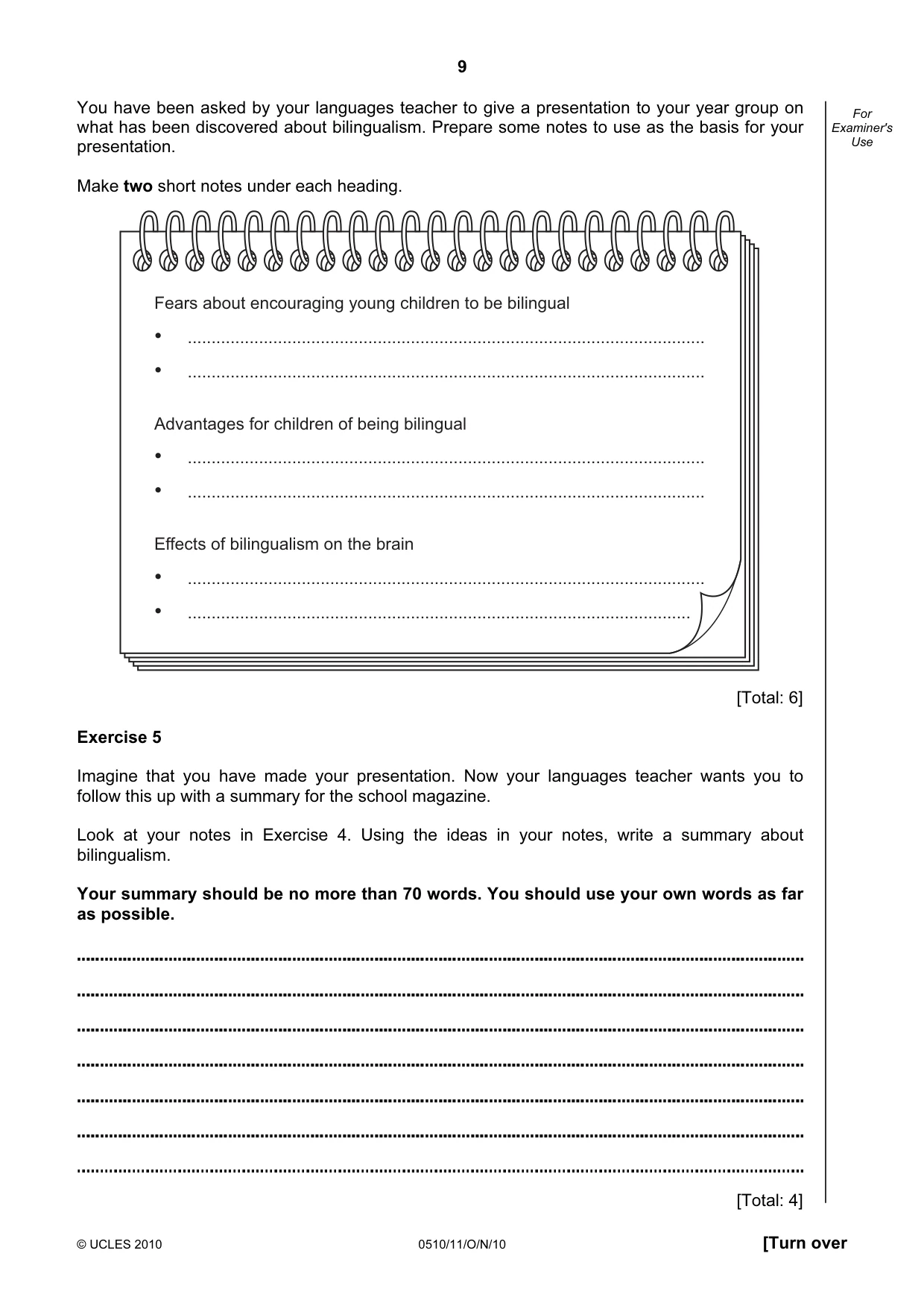 Cambridge IGCSE English - Second Language (oral endorsement) 0510 2010 Oct/Nov Paper 1 · Variant 1 question paper, page 9 of 16