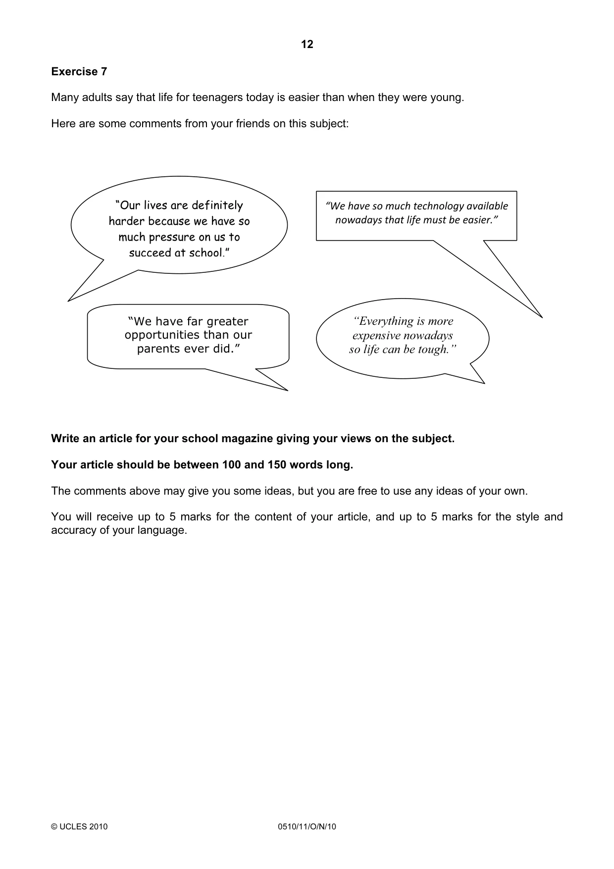 Cambridge IGCSE English - Second Language (oral endorsement) 0510 2010 Oct/Nov Paper 1 · Variant 1 question paper, page 12 of 16