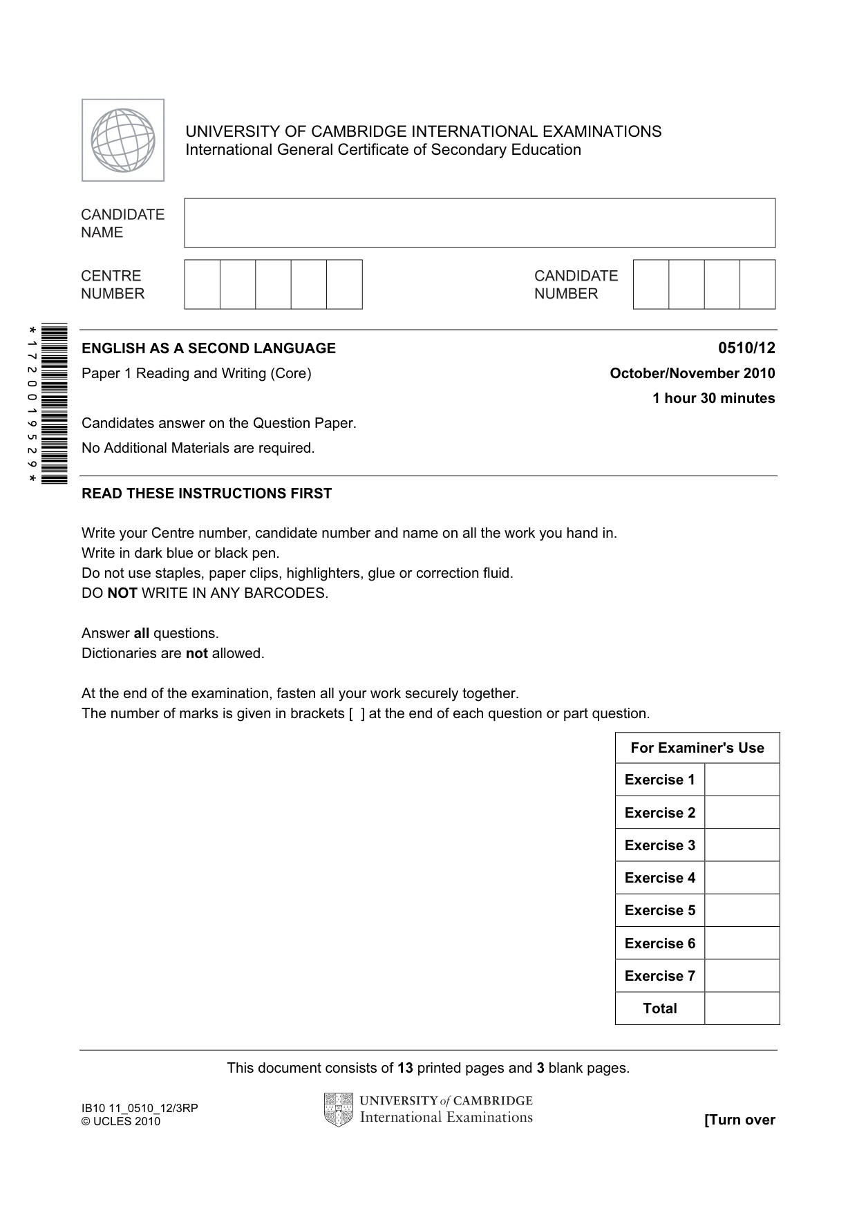 Cambridge IGCSE English - Second Language (oral endorsement) 0510 2010 Oct/Nov Paper 1 · Variant 2 question paper, page 1 of 16