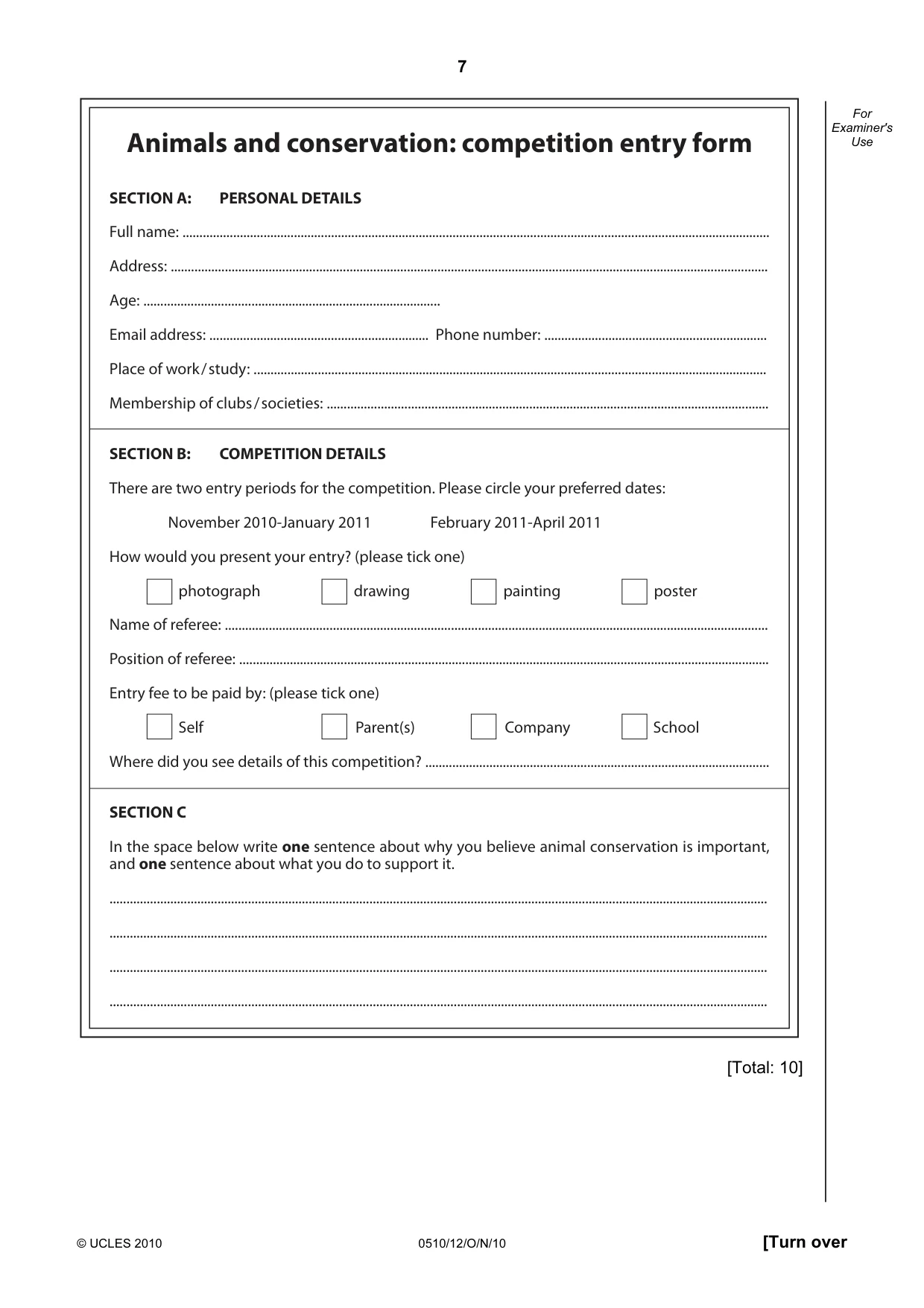 Cambridge IGCSE English - Second Language (oral endorsement) 0510 2010 Oct/Nov Paper 1 · Variant 2 question paper, page 7 of 16