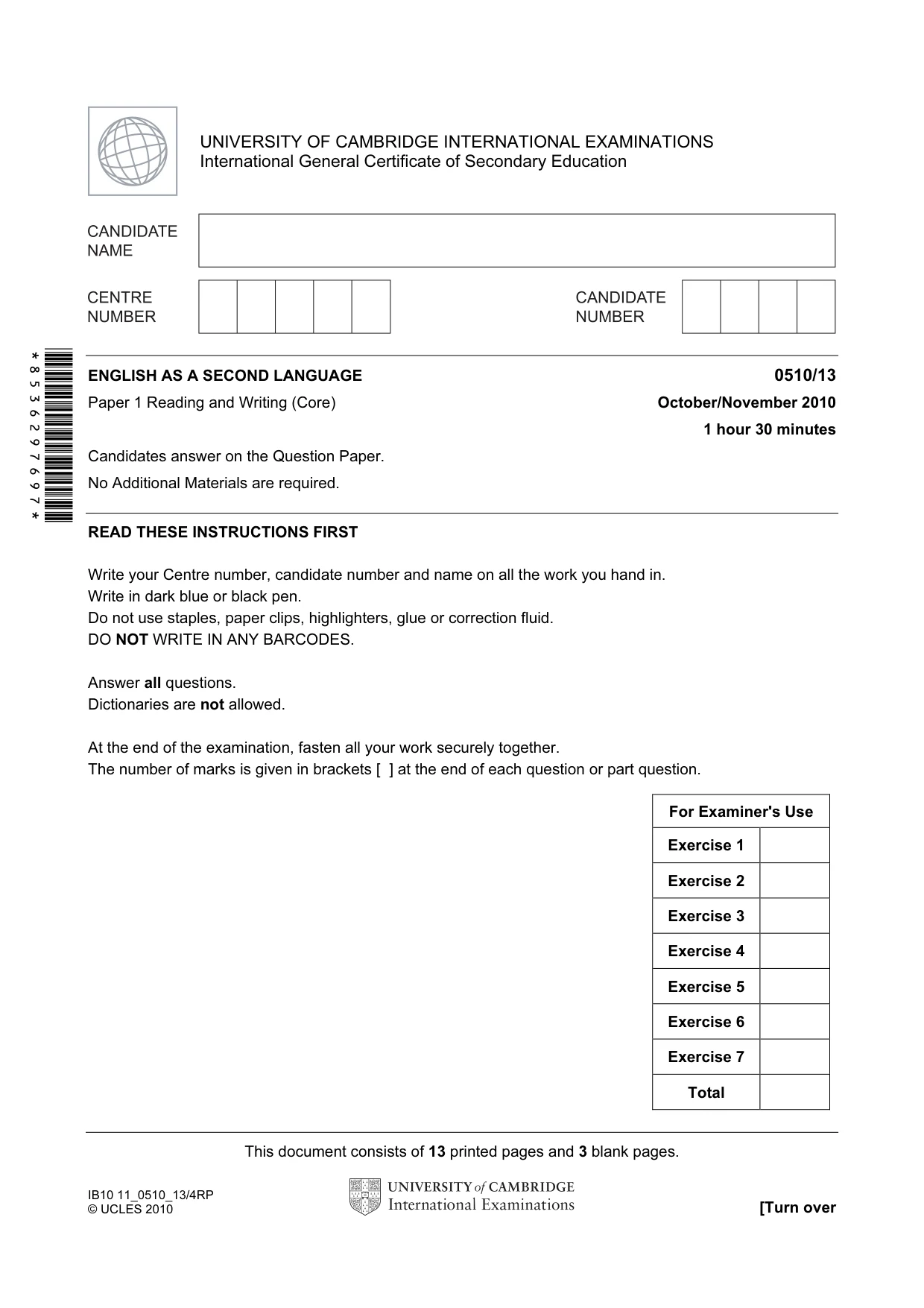 Cambridge IGCSE English - Second Language (oral endorsement) 0510 2010 Oct/Nov Paper 1 · Variant 3 question paper, page 1 of 16