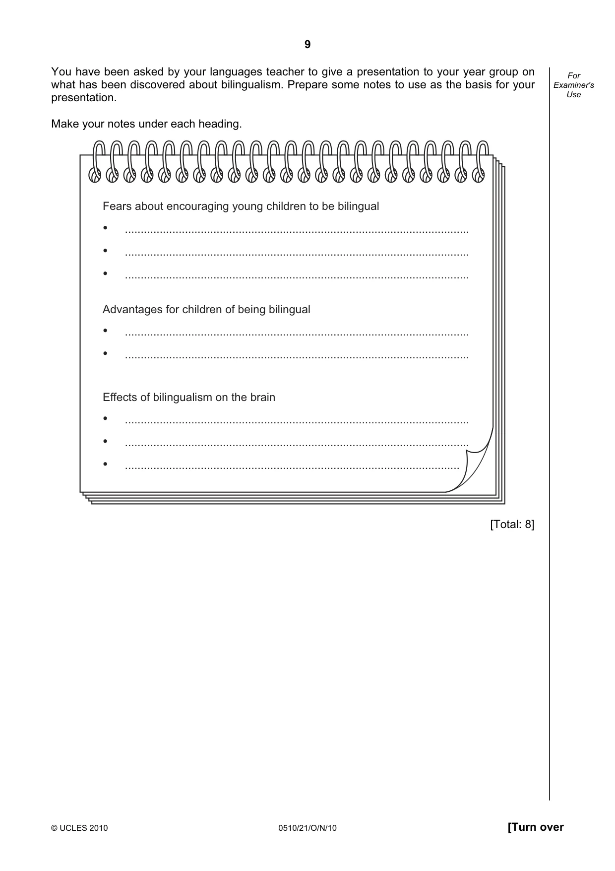 Cambridge IGCSE English - Second Language (oral endorsement) 0510 2010 Oct/Nov Paper 2 · Variant 1 question paper, page 9 of 16