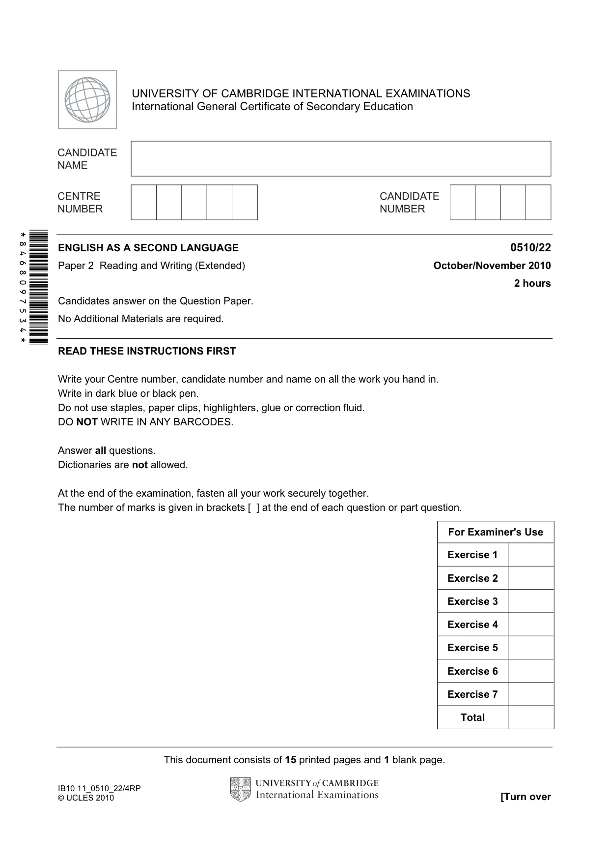 Cambridge IGCSE English - Second Language (oral endorsement) 0510 2010 Oct/Nov Paper 2 · Variant 2 question paper, page 1 of 16