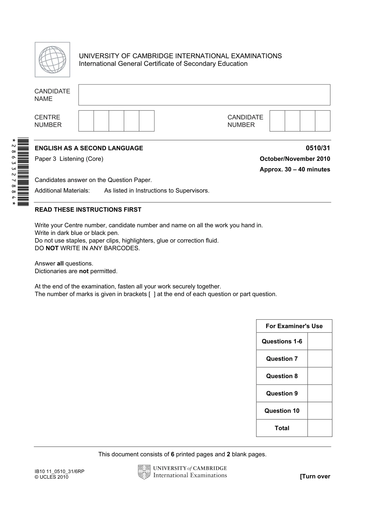 Cambridge IGCSE English - Second Language (oral endorsement) 0510 2010 Oct/Nov Paper 3 · Variant 1 question paper, page 1 of 8