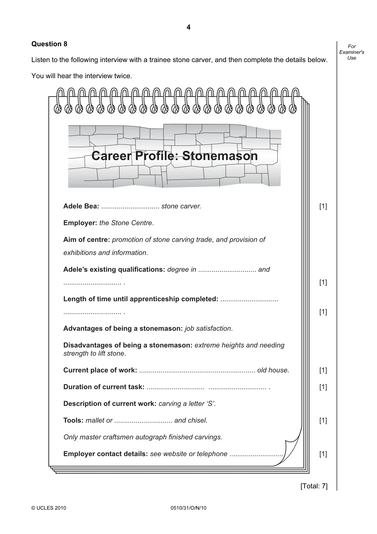 Cambridge IGCSE English - Second Language (oral endorsement) 0510 2010 Oct/Nov Paper 3 · Variant 1 question paper, page 4 of 8