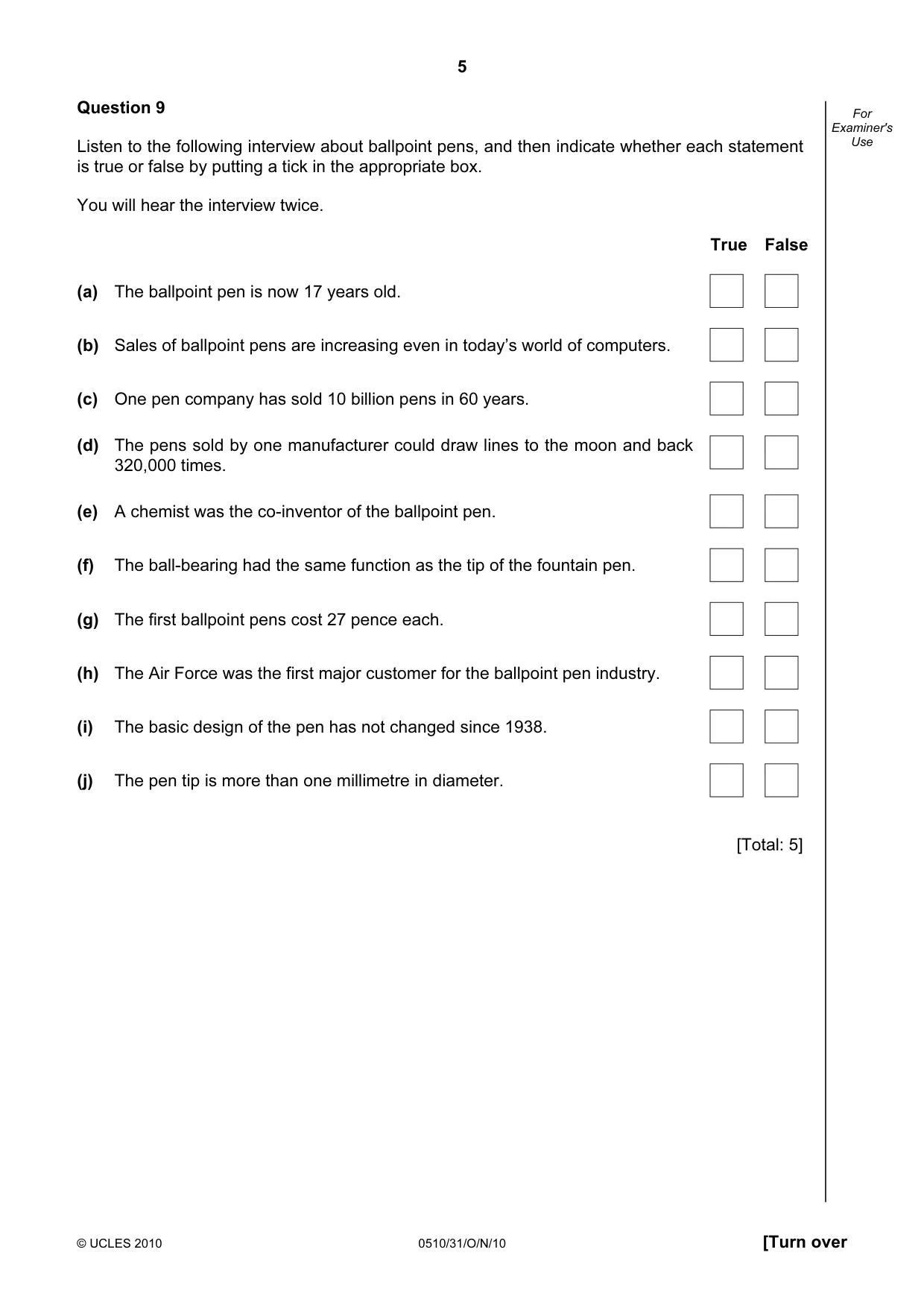 Cambridge IGCSE English - Second Language (oral endorsement) 0510 2010 Oct/Nov Paper 3 · Variant 1 question paper, page 5 of 8