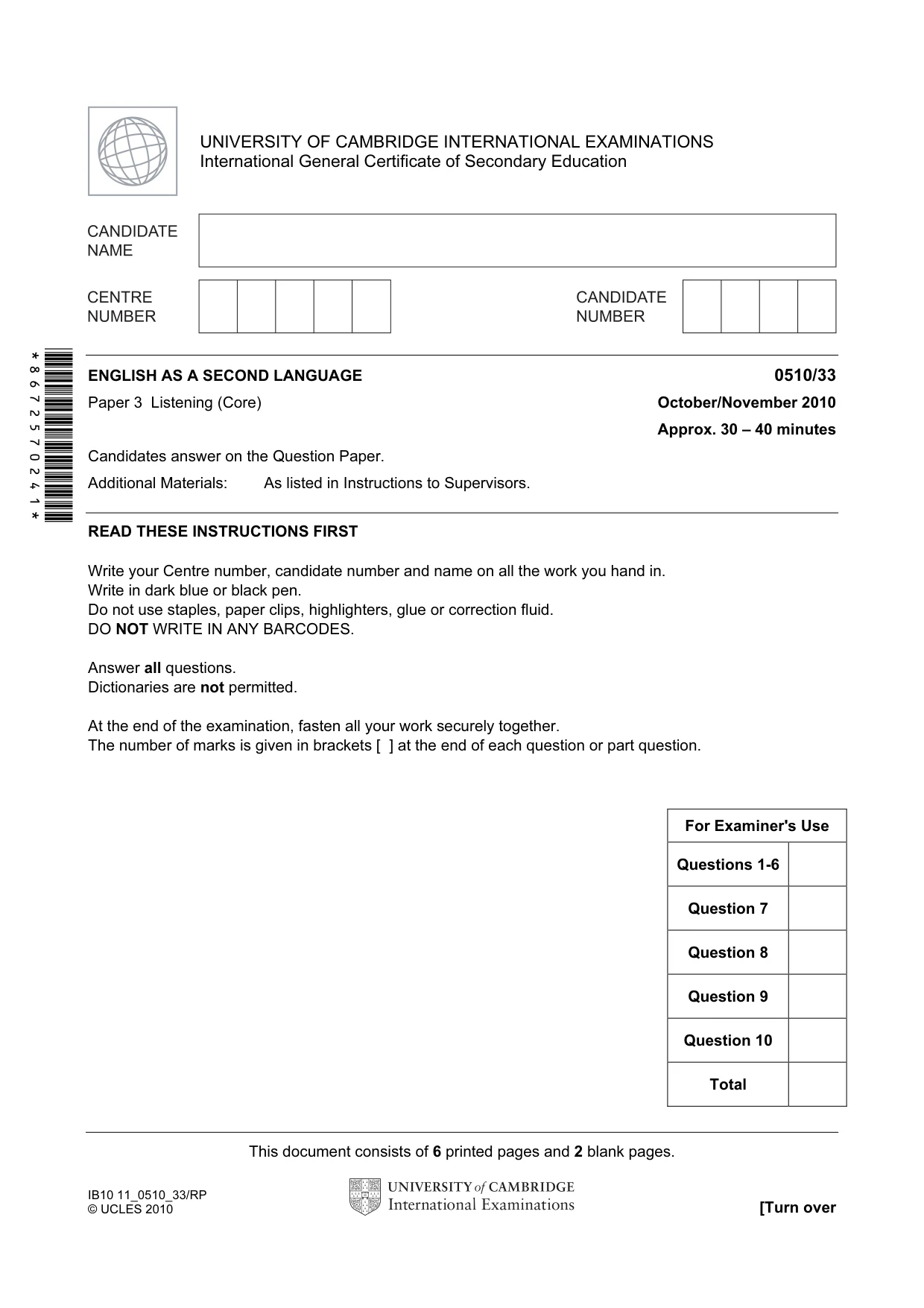 Cambridge IGCSE English - Second Language (oral endorsement) 0510 2010 Oct/Nov Paper 3 · Variant 3 question paper, page 1 of 8