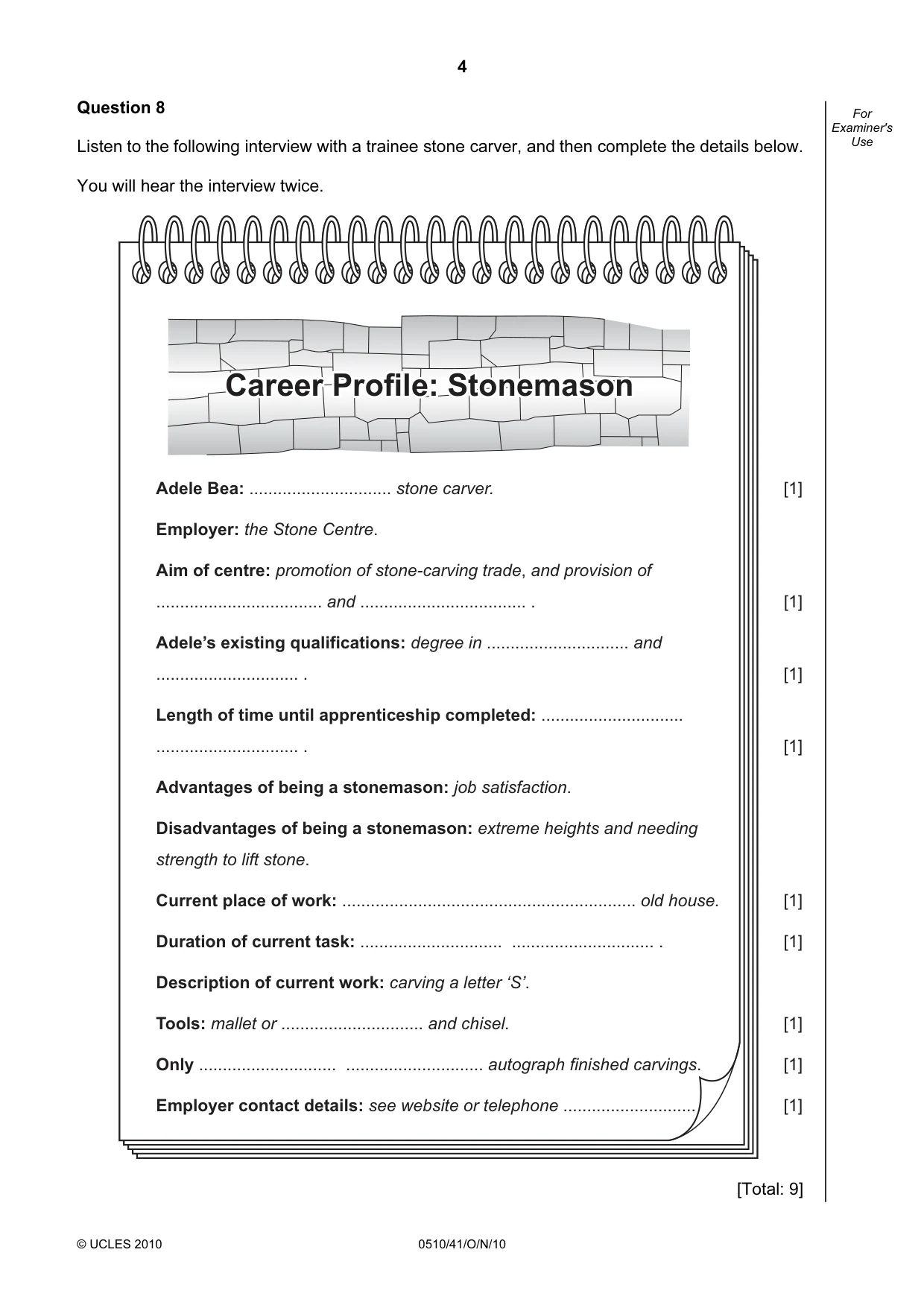 Cambridge IGCSE English - Second Language (oral endorsement) 0510 2010 Oct/Nov Paper 4 · Variant 1 question paper, page 4 of 8