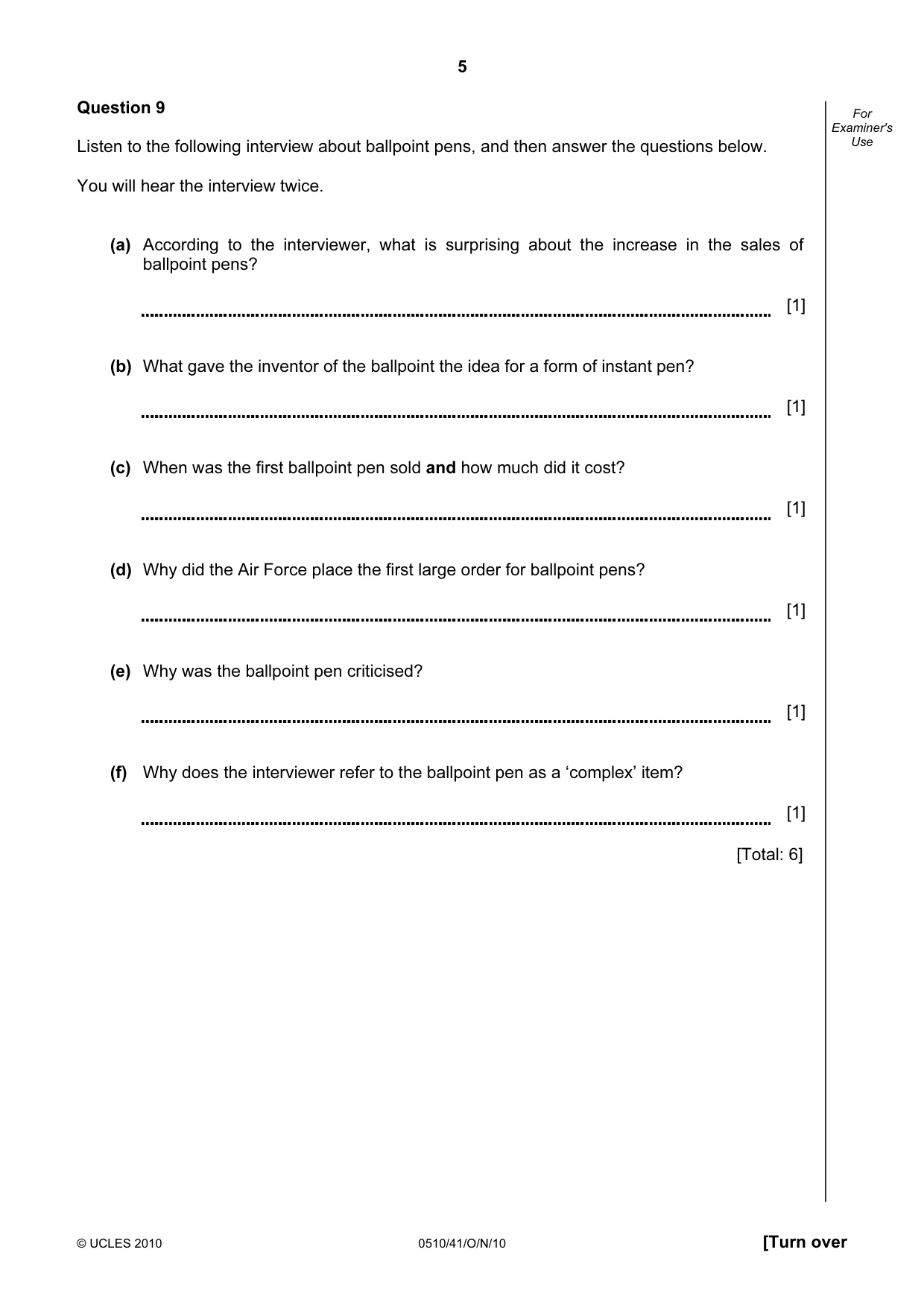 Cambridge IGCSE English - Second Language (oral endorsement) 0510 2010 Oct/Nov Paper 4 · Variant 1 question paper, page 5 of 8