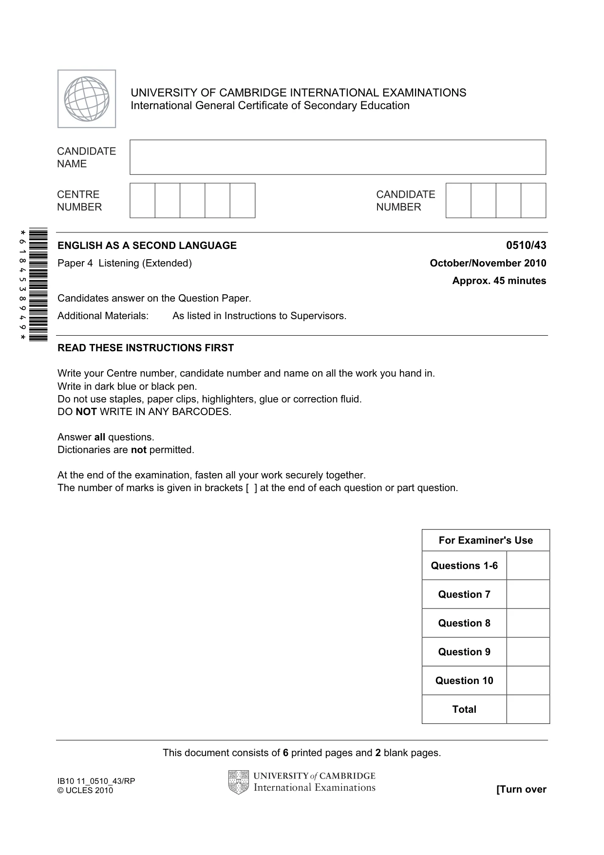 Cambridge IGCSE English - Second Language (oral endorsement) 0510 2010 Oct/Nov Paper 4 · Variant 3 question paper, page 1 of 8