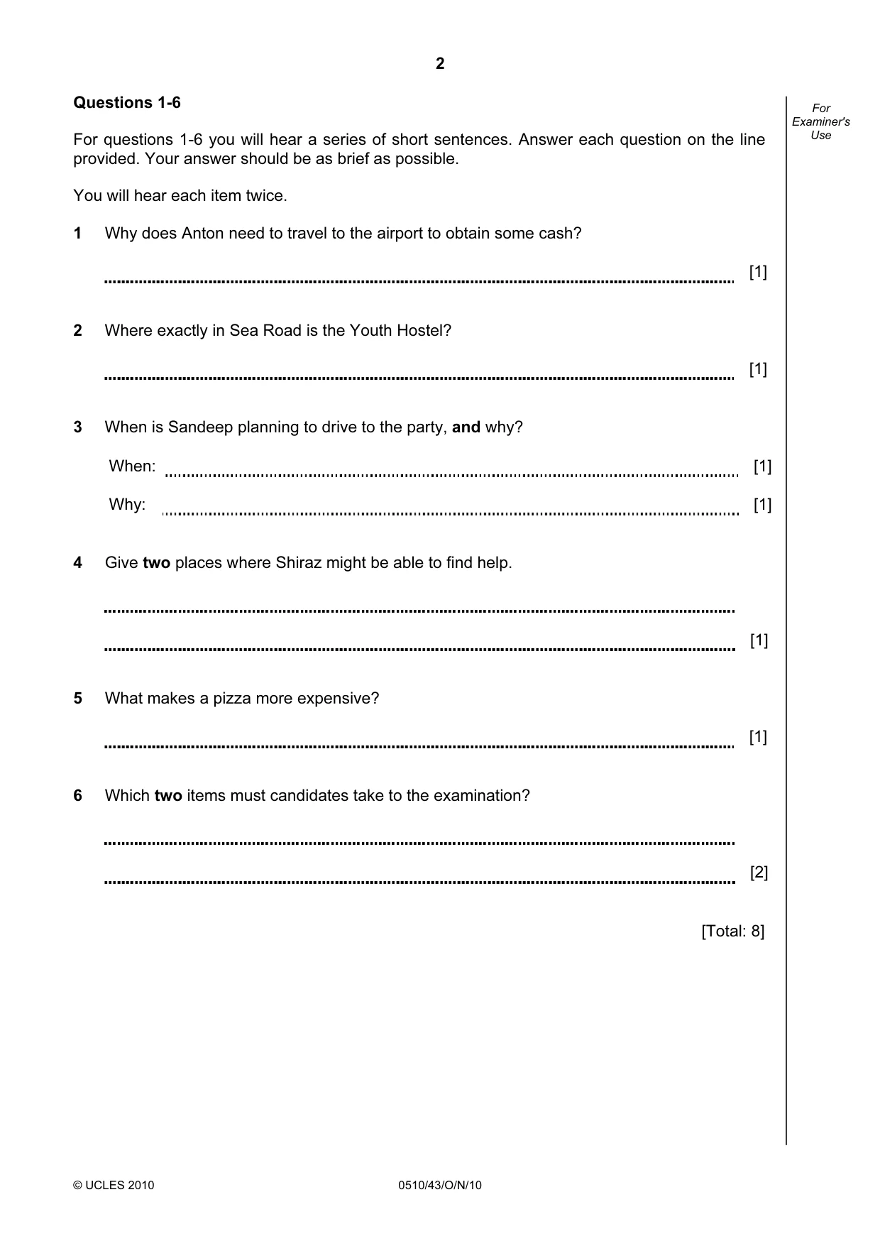 Cambridge IGCSE English - Second Language (oral endorsement) 0510 2010 Oct/Nov Paper 4 · Variant 3 question paper, page 2 of 8