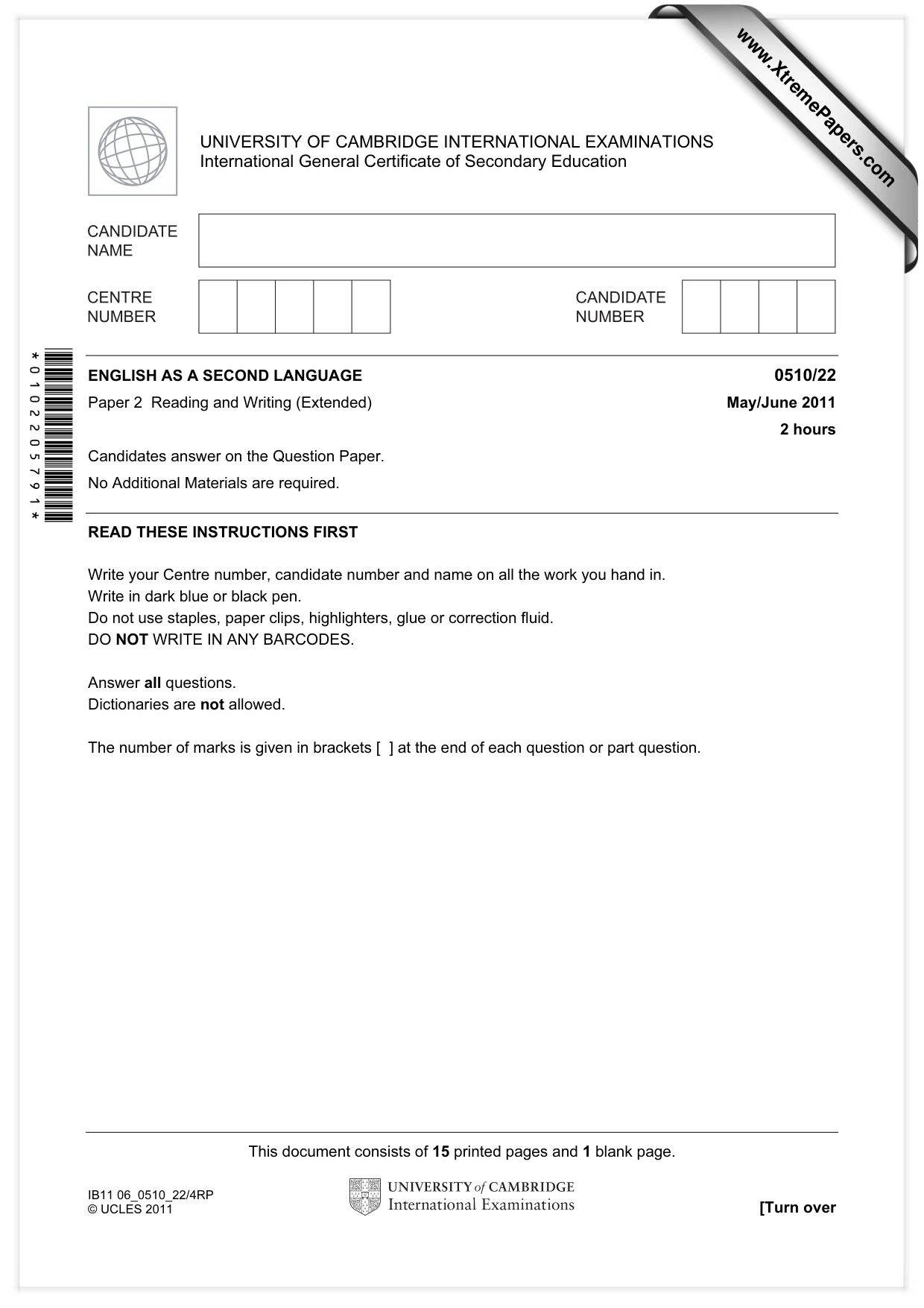 Cambridge IGCSE English - Second Language (oral endorsement) 0510 2011 May/June Paper 2 · Variant 2 question paper, page 1 of 16