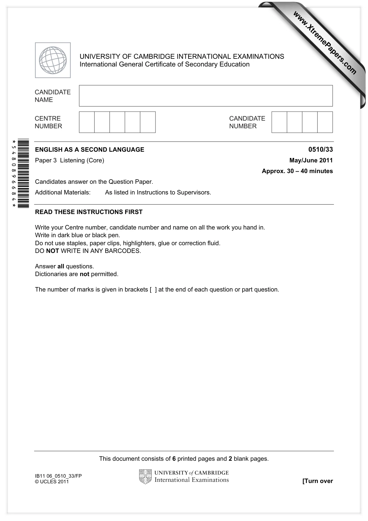 Cambridge IGCSE English - Second Language (oral endorsement) 0510 2011 May/June Paper 3 · Variant 3 question paper, page 1 of 8