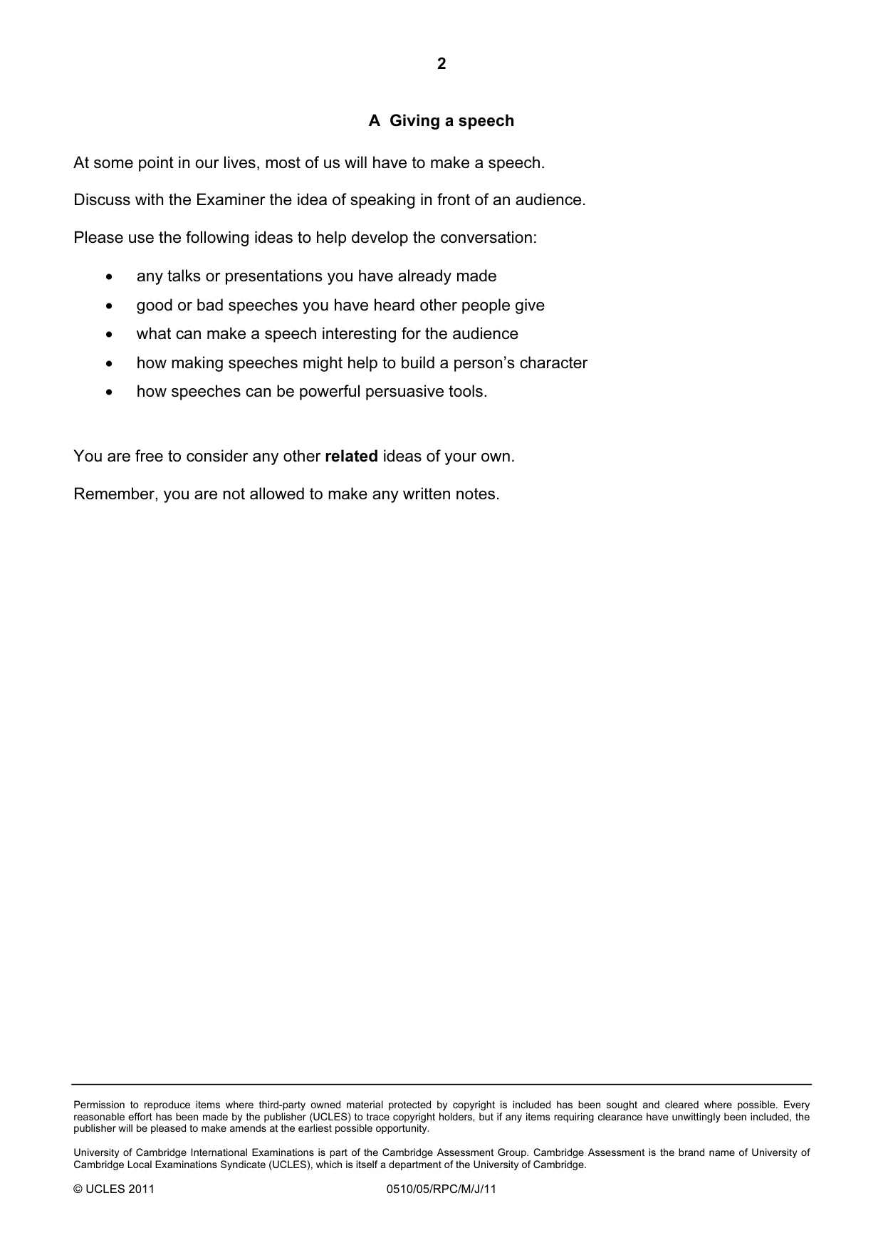 Cambridge IGCSE English - Second Language (oral endorsement) 0510 2011 May/June Paper 5 · Variant 1 question paper, page 2 of 20