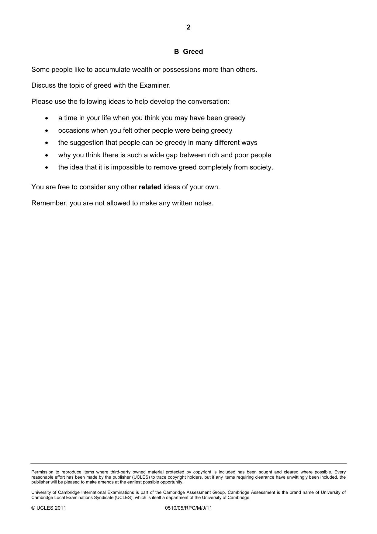 Cambridge IGCSE English - Second Language (oral endorsement) 0510 2011 May/June Paper 5 · Variant 1 question paper, page 4 of 20