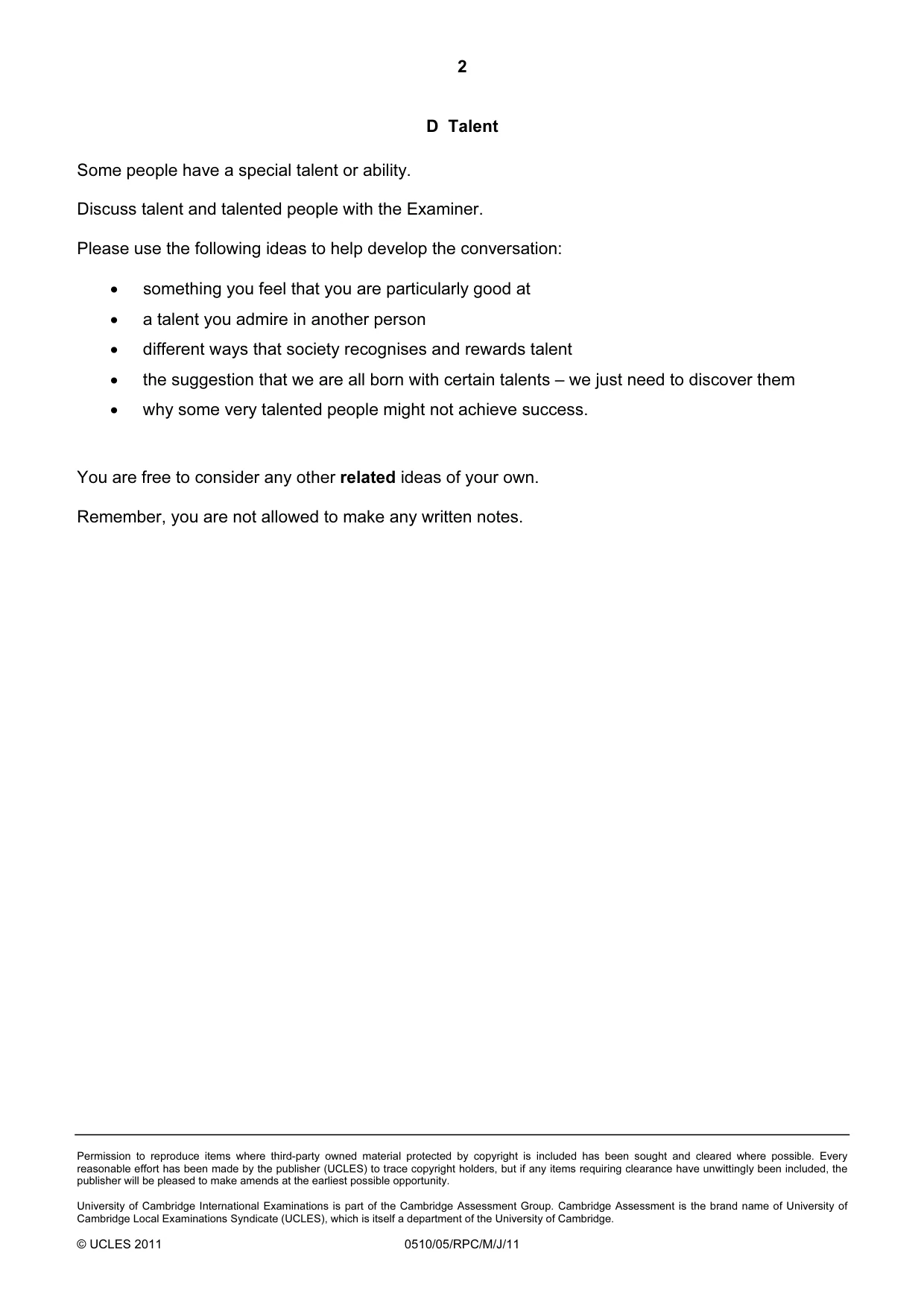 Cambridge IGCSE English - Second Language (oral endorsement) 0510 2011 May/June Paper 5 · Variant 1 question paper, page 8 of 20