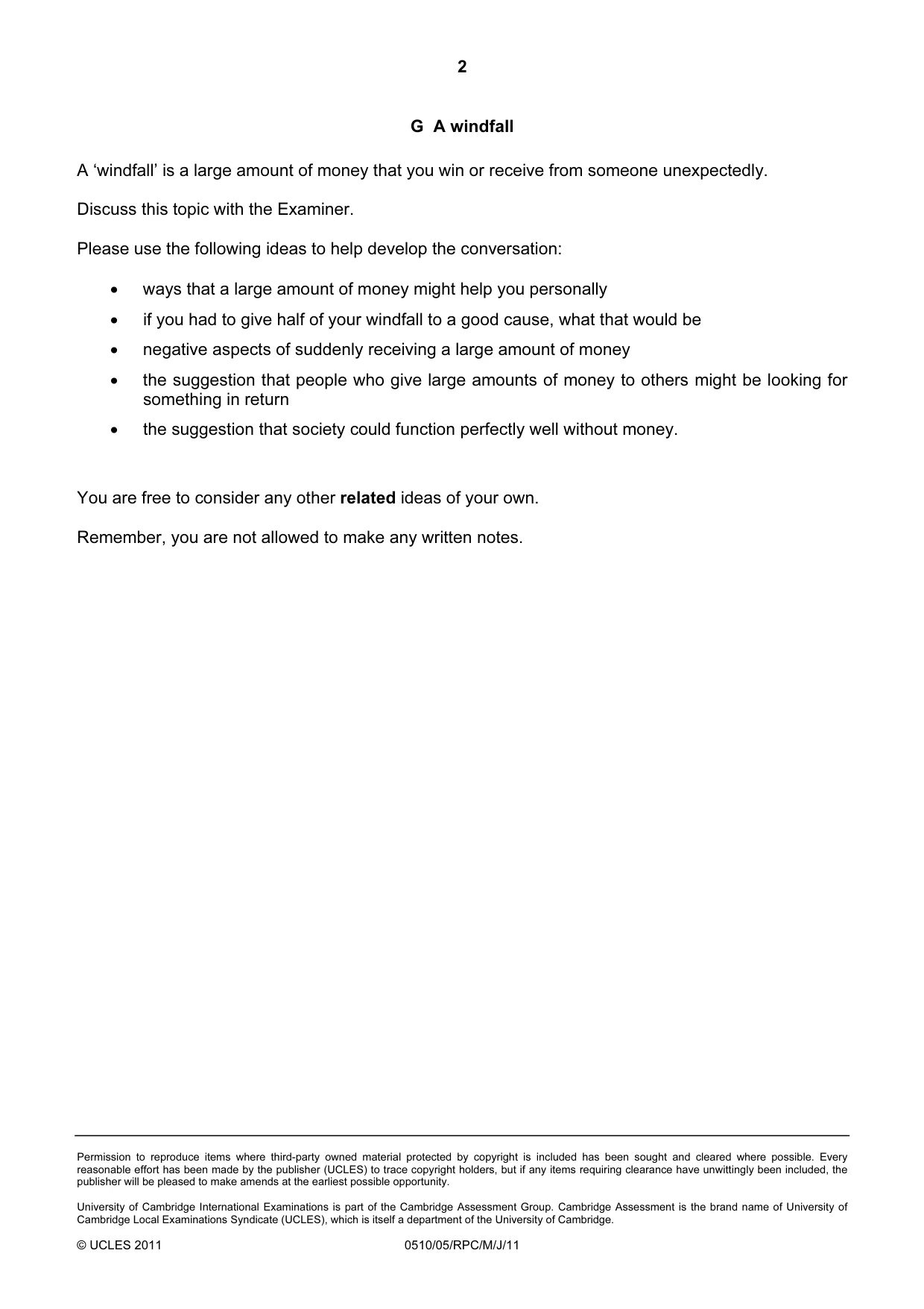 Cambridge IGCSE English - Second Language (oral endorsement) 0510 2011 May/June Paper 5 · Variant 1 question paper, page 14 of 20
