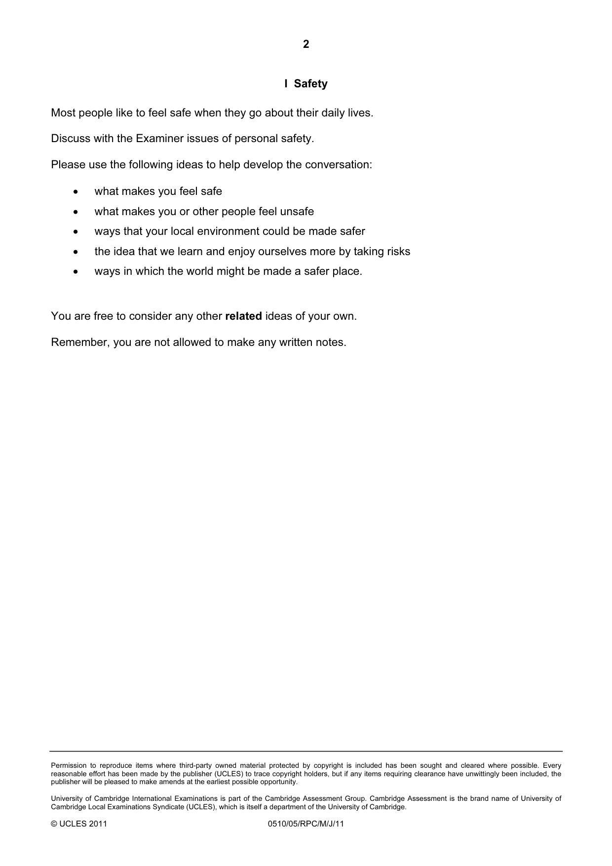 Cambridge IGCSE English - Second Language (oral endorsement) 0510 2011 May/June Paper 5 · Variant 1 question paper, page 18 of 20