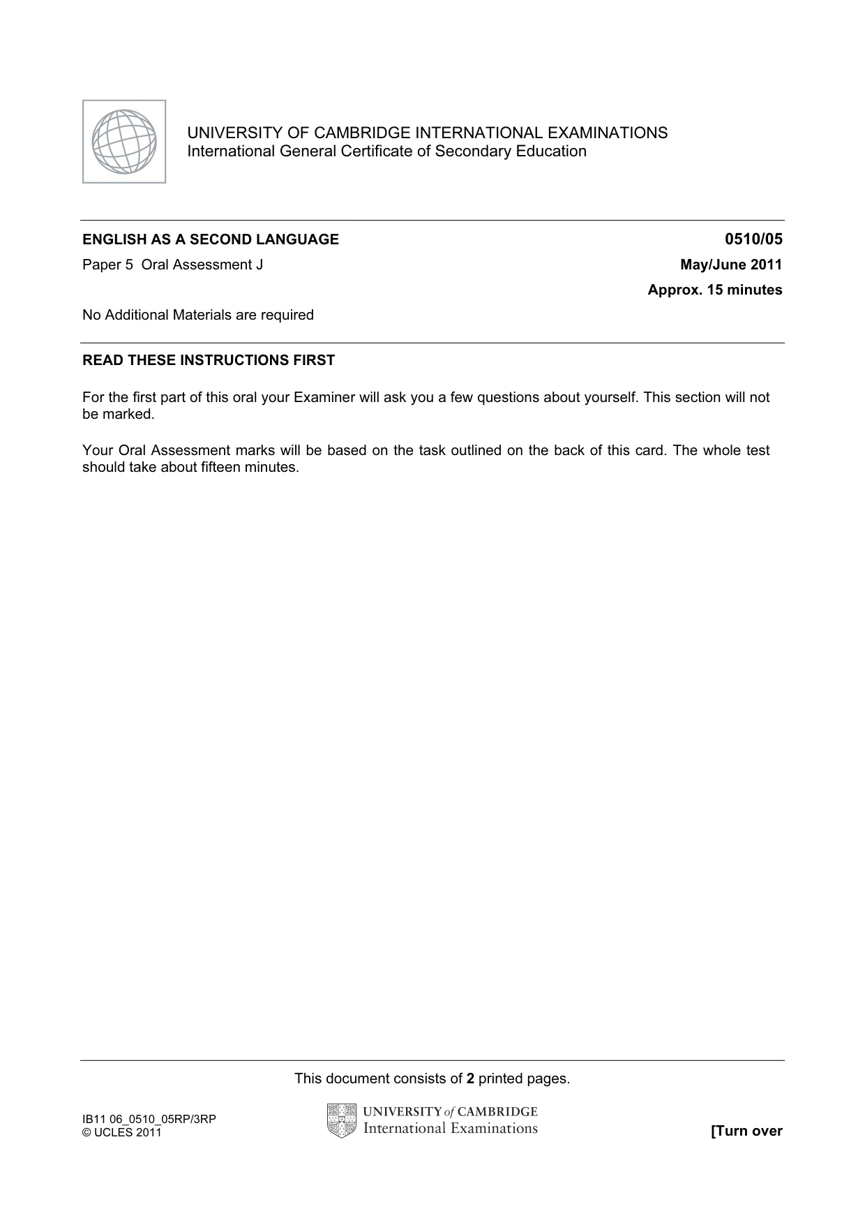 Cambridge IGCSE English - Second Language (oral endorsement) 0510 2011 May/June Paper 5 · Variant 1 question paper, page 19 of 20