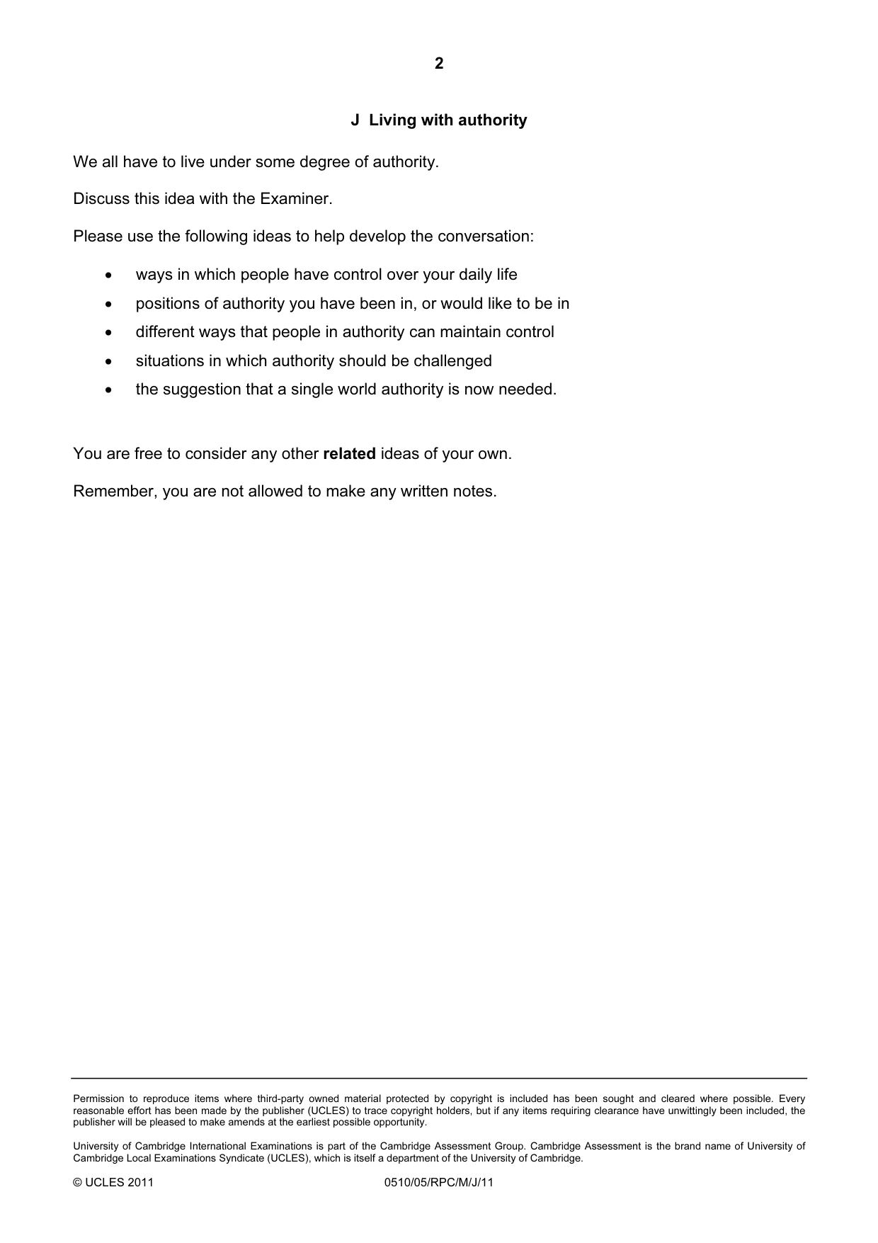 Cambridge IGCSE English - Second Language (oral endorsement) 0510 2011 May/June Paper 5 · Variant 1 question paper, page 20 of 20
