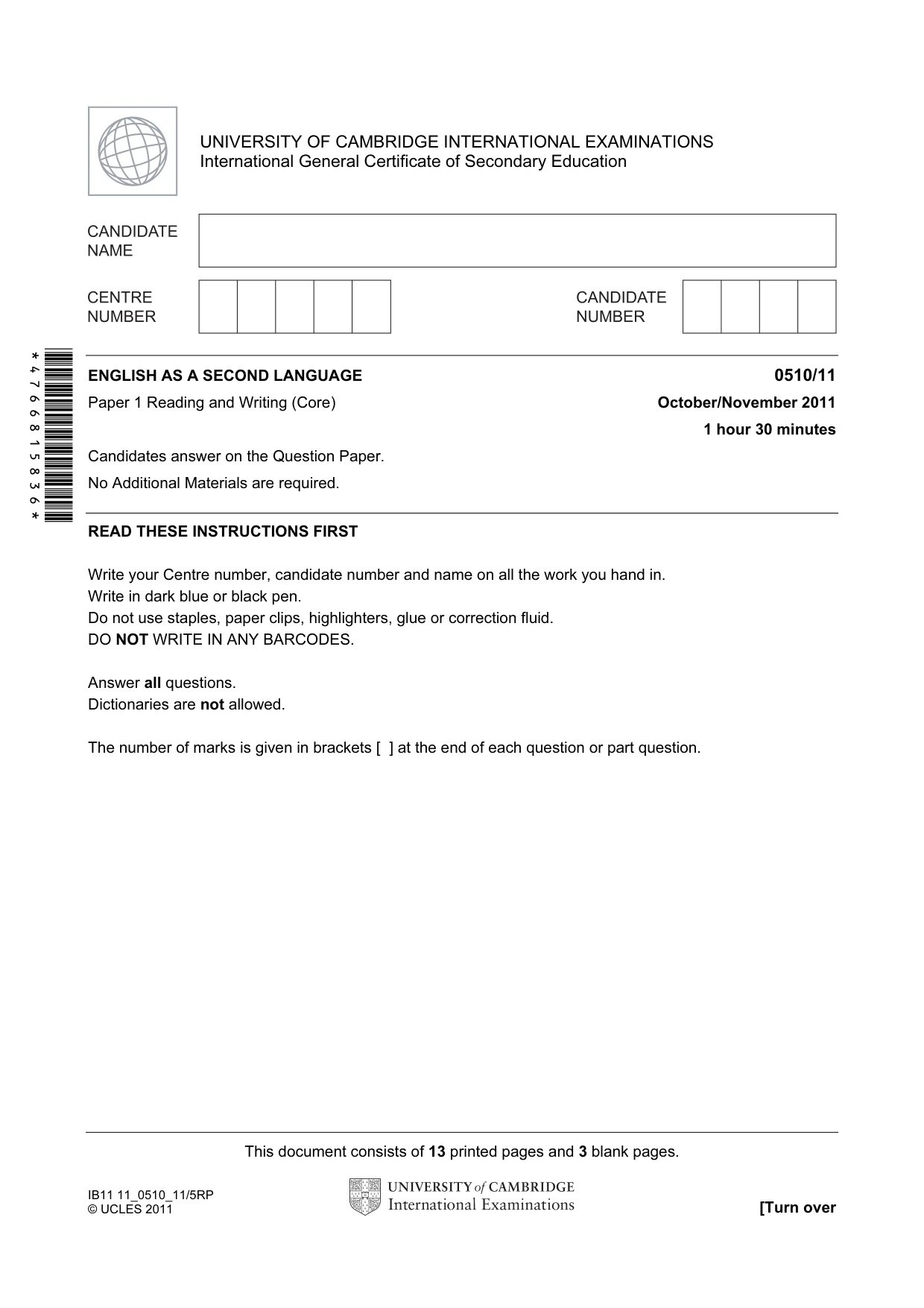 Cambridge IGCSE English - Second Language (oral endorsement) 0510 2011 Oct/Nov Paper 1 · Variant 1 question paper, page 1 of 16