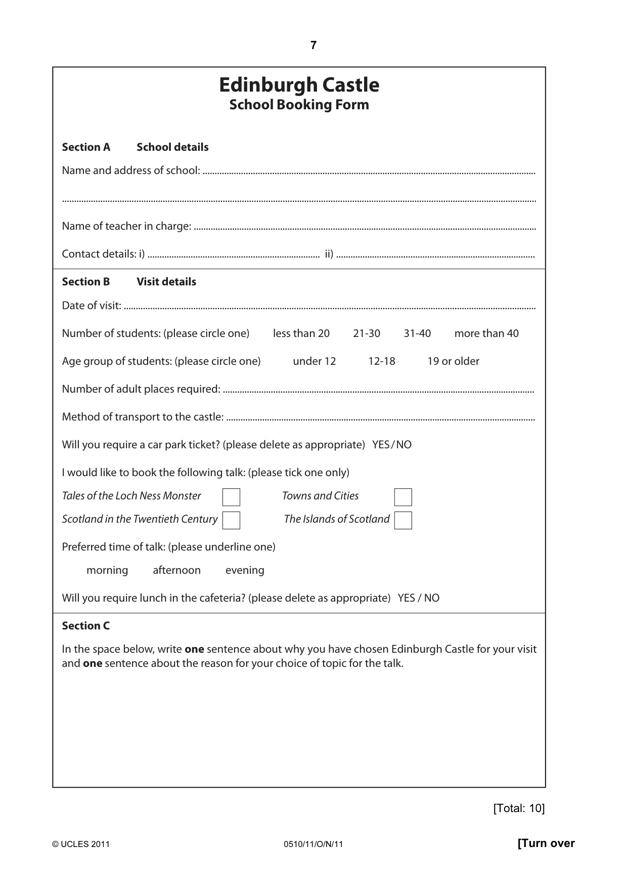 Cambridge IGCSE English - Second Language (oral endorsement) 0510 2011 Oct/Nov Paper 1 · Variant 1 question paper, page 7 of 16