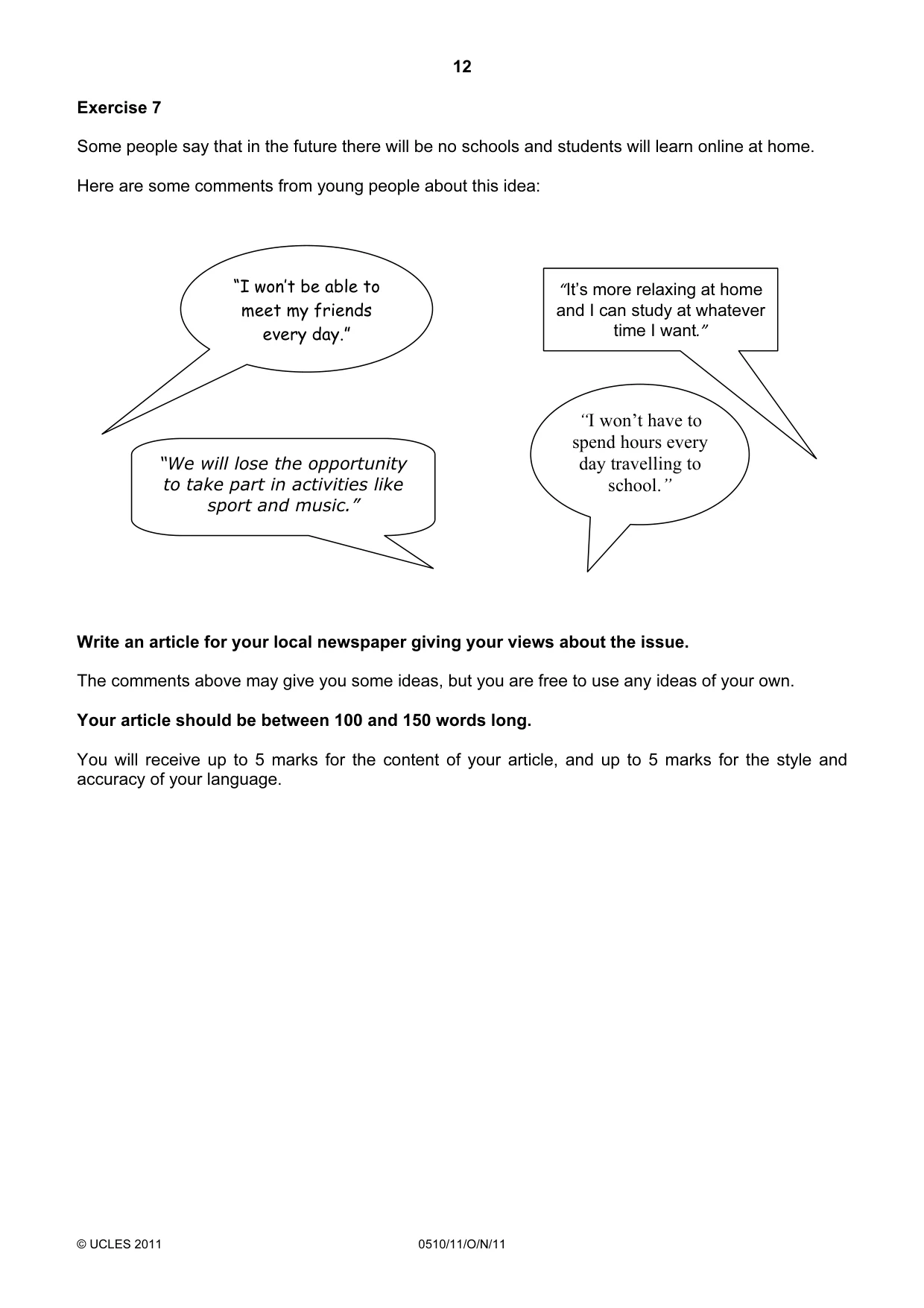 Cambridge IGCSE English - Second Language (oral endorsement) 0510 2011 Oct/Nov Paper 1 · Variant 1 question paper, page 12 of 16