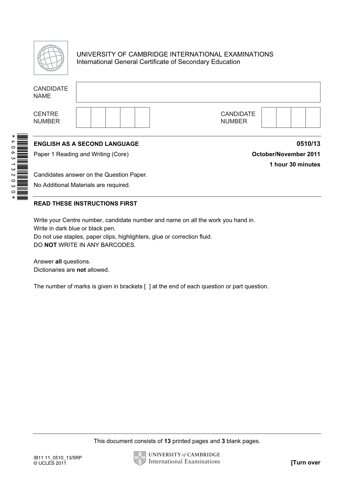 Cambridge IGCSE English - Second Language (oral endorsement) 0510 2011 Oct/Nov Paper 1 · Variant 3 question paper, page 1 of 16