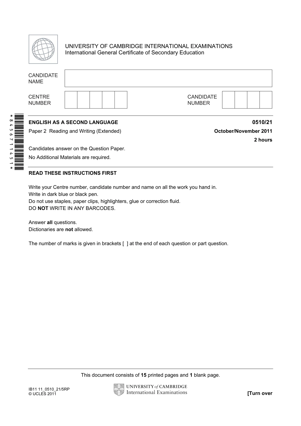 Cambridge IGCSE English - Second Language (oral endorsement) 0510 2011 Oct/Nov Paper 2 · Variant 1 question paper, page 1 of 16
