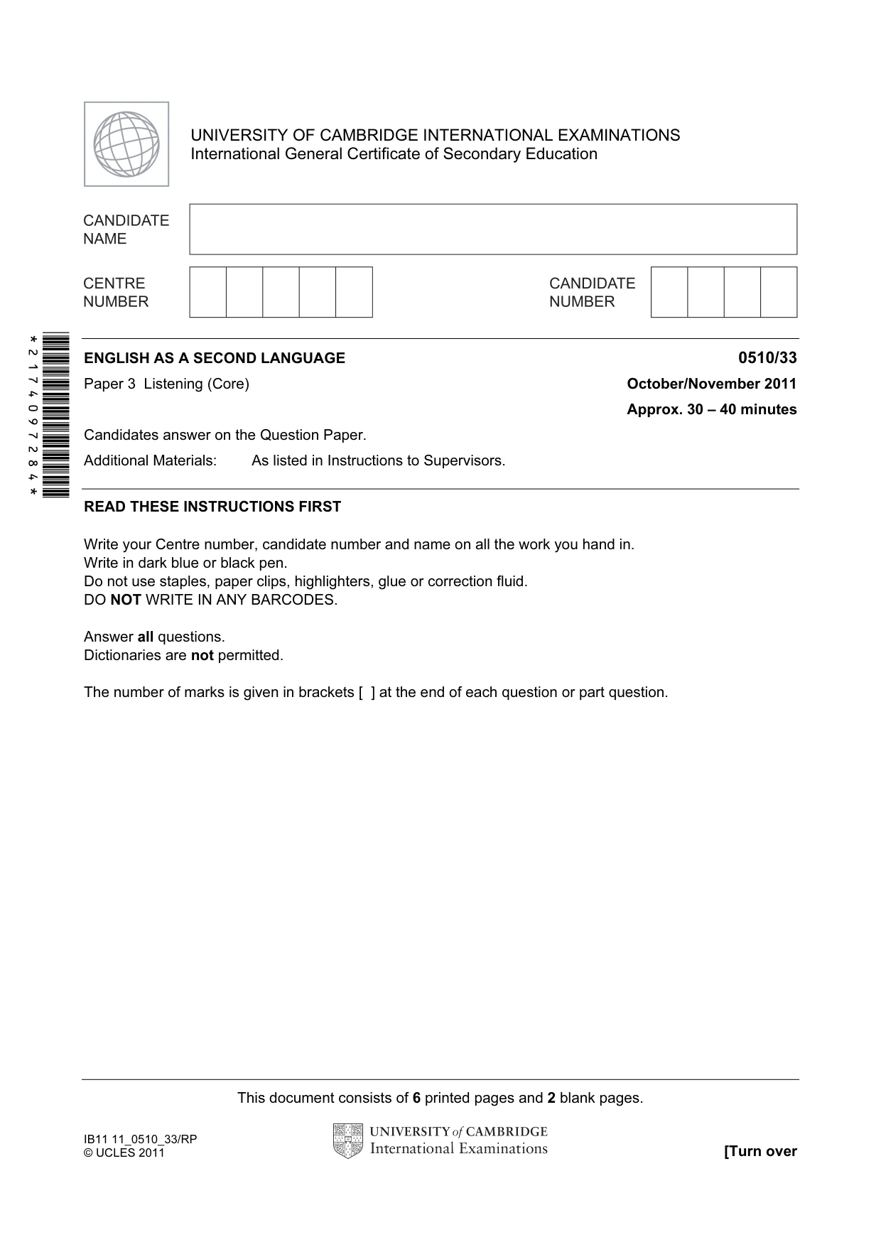 Cambridge IGCSE English - Second Language (oral endorsement) 0510 2011 Oct/Nov Paper 3 · Variant 3 question paper, page 1 of 8