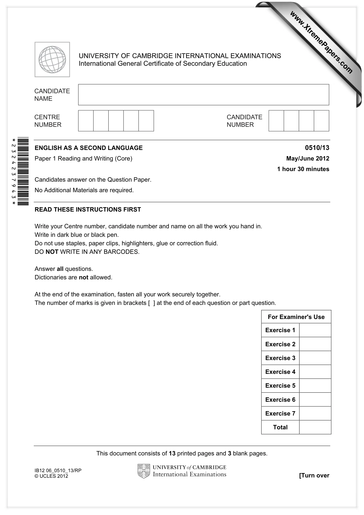 Cambridge IGCSE English - Second Language (oral endorsement) 0510 2012 May/June Paper 1 · Variant 3 question paper, page 1 of 16