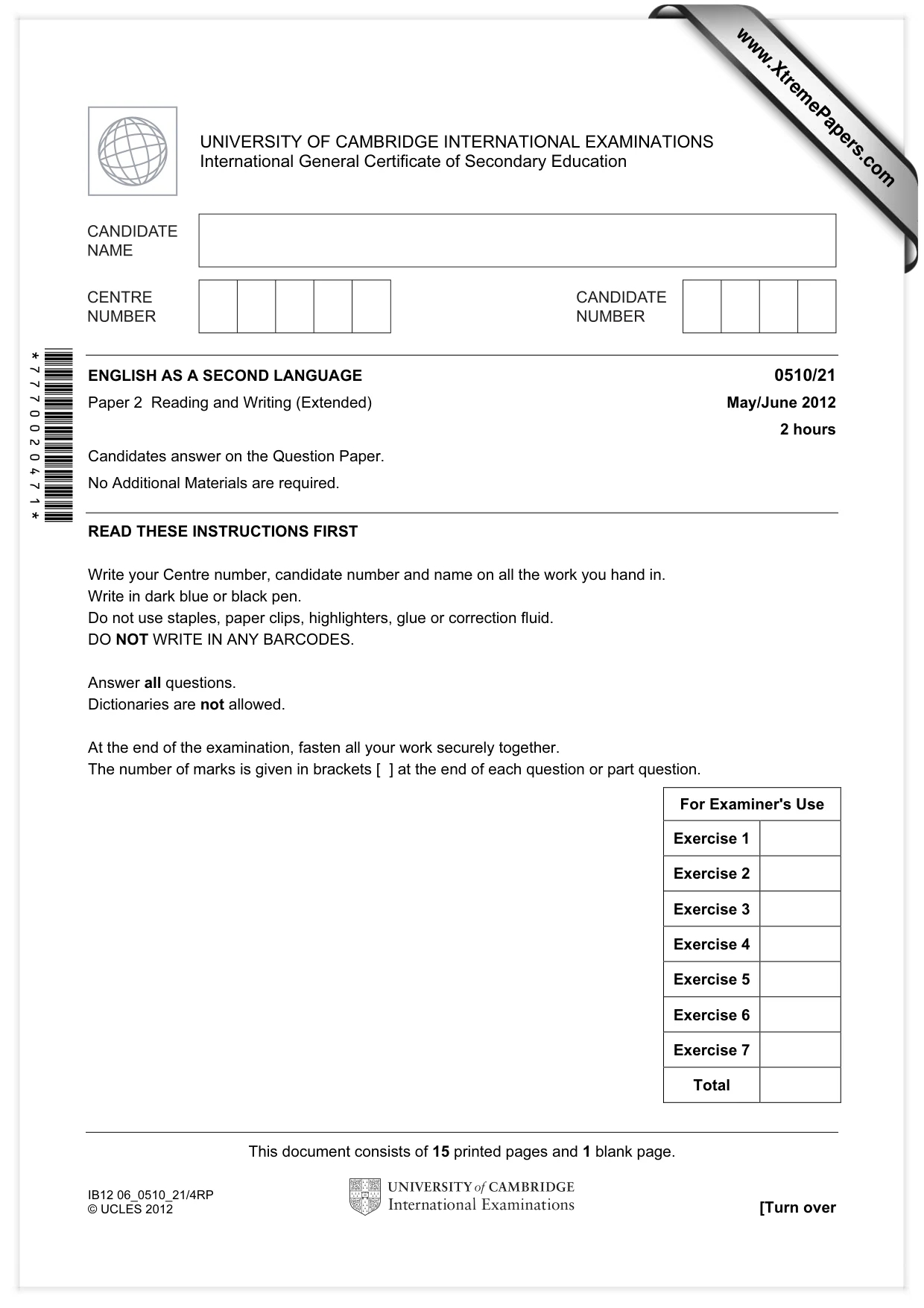 Cambridge IGCSE English - Second Language (oral endorsement) 0510 2012 May/June Paper 2 · Variant 1 question paper, page 1 of 16