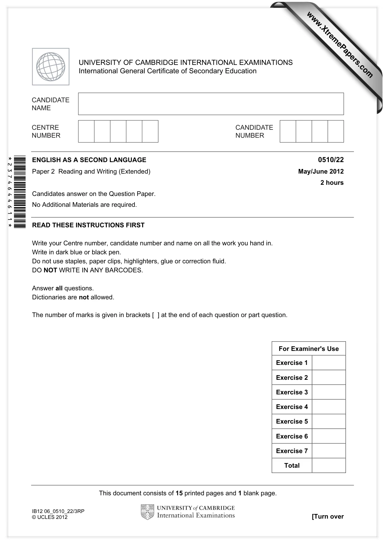 Cambridge IGCSE English - Second Language (oral endorsement) 0510 2012 May/June Paper 2 · Variant 2 question paper, page 1 of 16