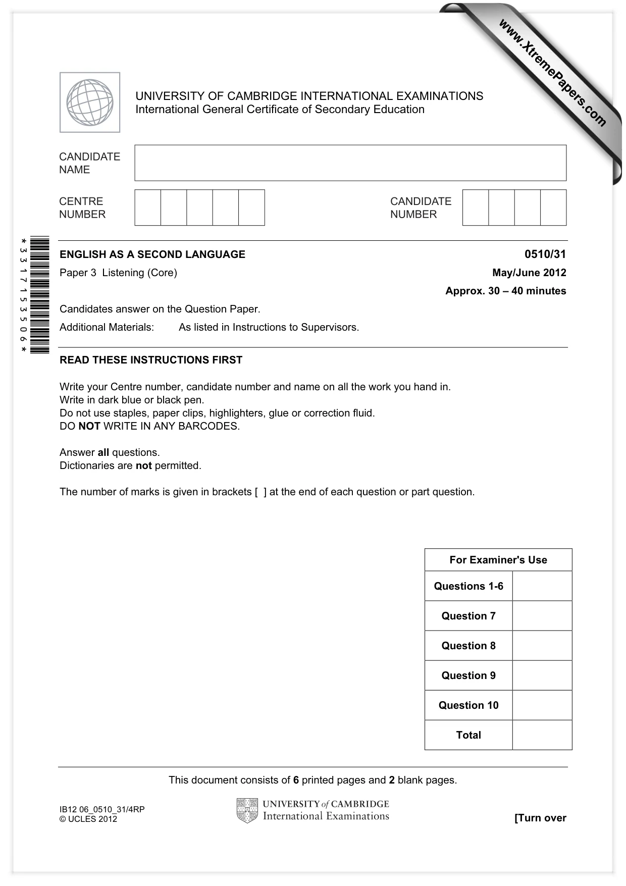 Cambridge IGCSE English - Second Language (oral endorsement) 0510 2012 May/June Paper 3 · Variant 1 question paper, page 1 of 8