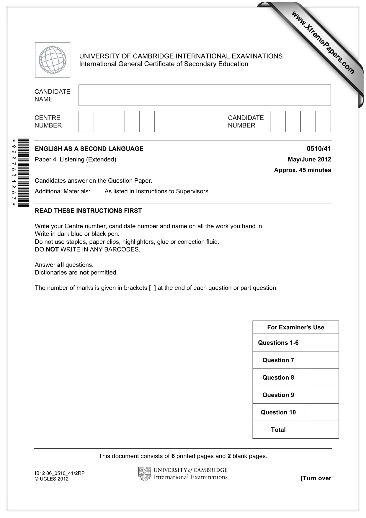 Cambridge IGCSE English - Second Language (oral endorsement) 0510 2012 May/June Paper 4 · Variant 1 question paper, page 1 of 8